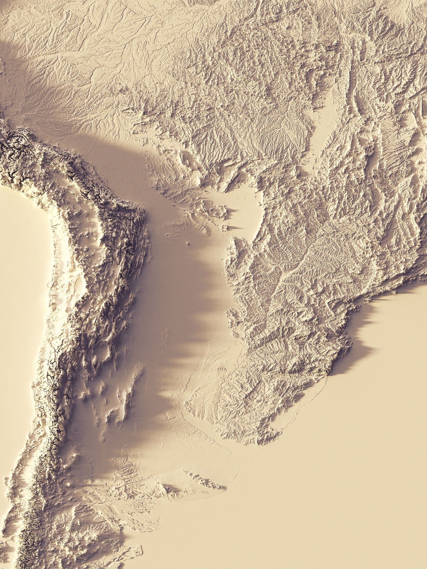Detailed close-up of a South America relief map, showcasing textured topography and geographic contours