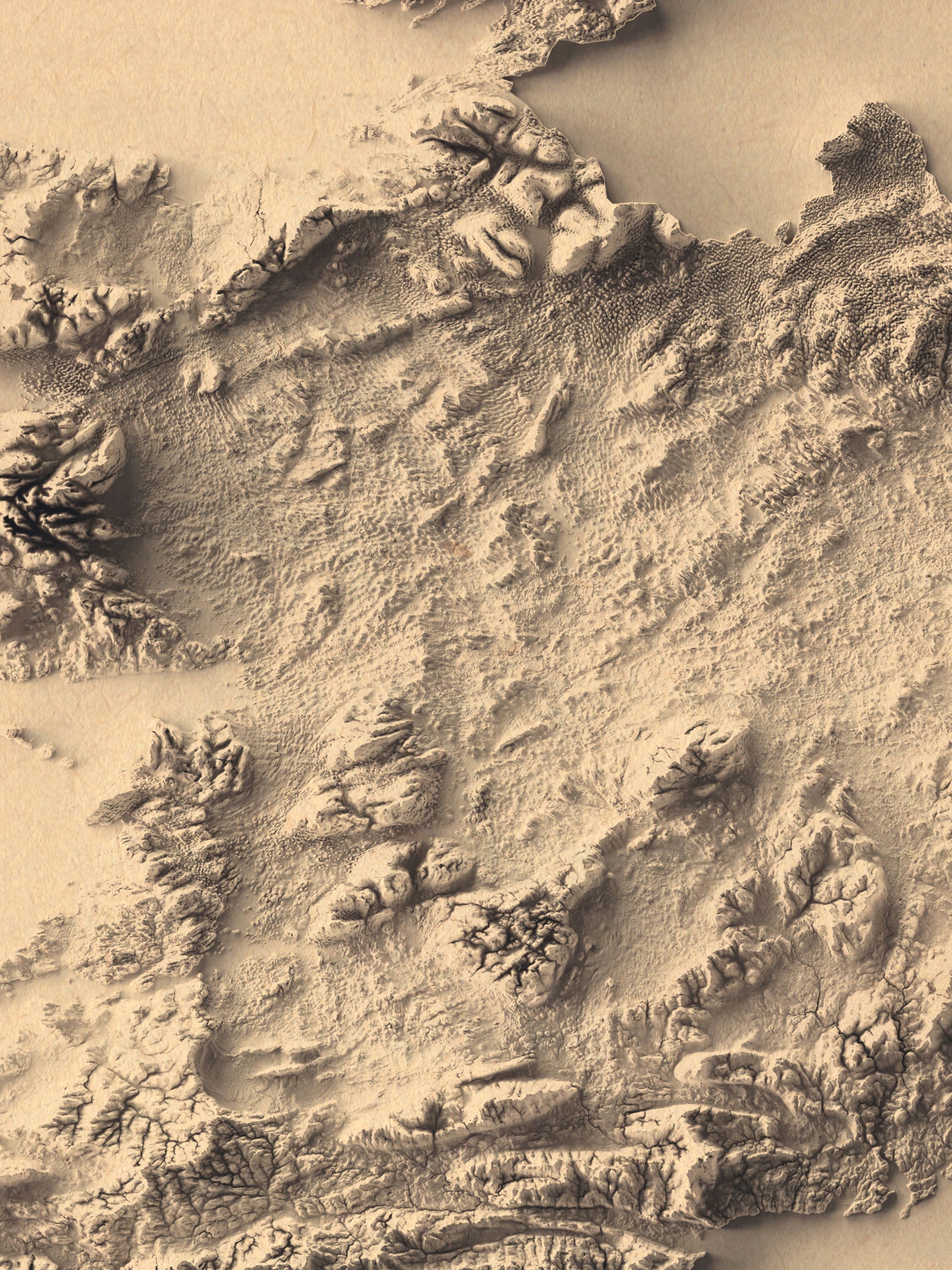Detailed close-up of a Ireland relief map, showcasing textured topography and geographic contours