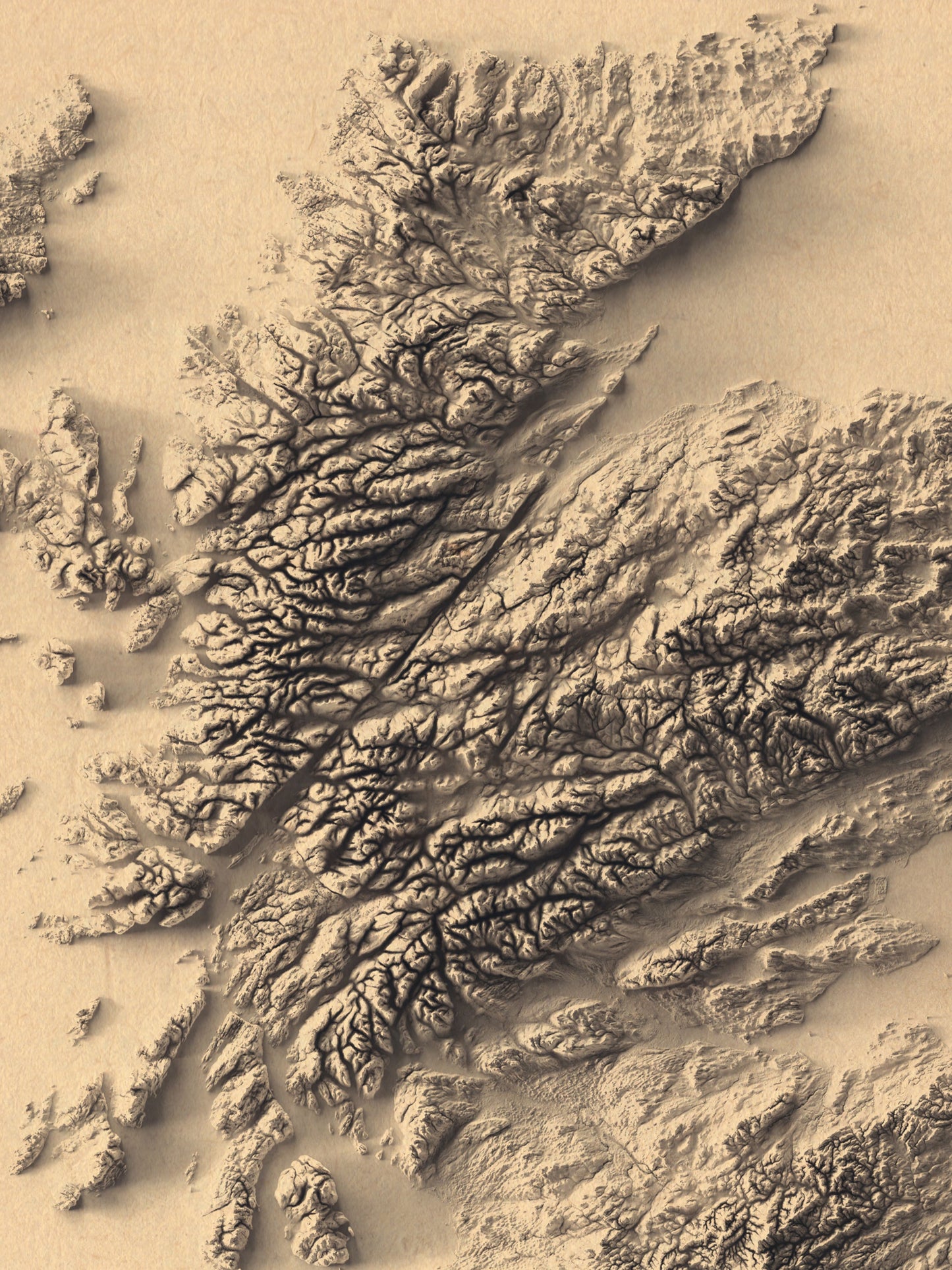 Detailed close-up of a Scotland relief map, showcasing textured topography and geographic contours