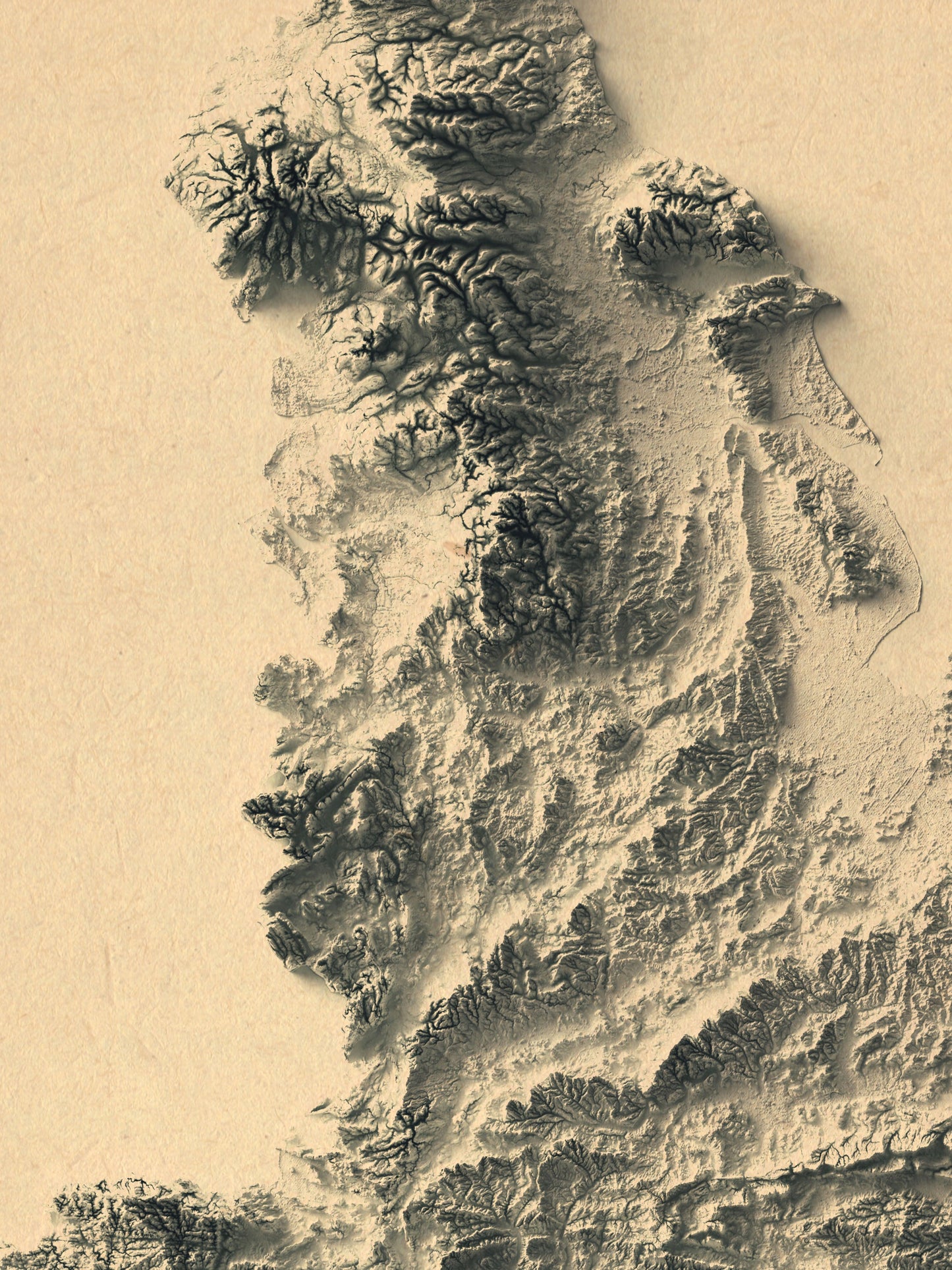 Detailed close-up of a England relief map, showcasing textured topography and geographic contours