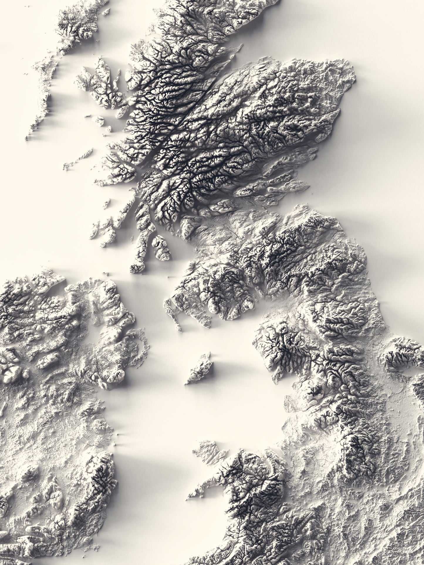 Detailed close-up of a united kingdom and ireland relief map, showcasing textured topography and geographic contours