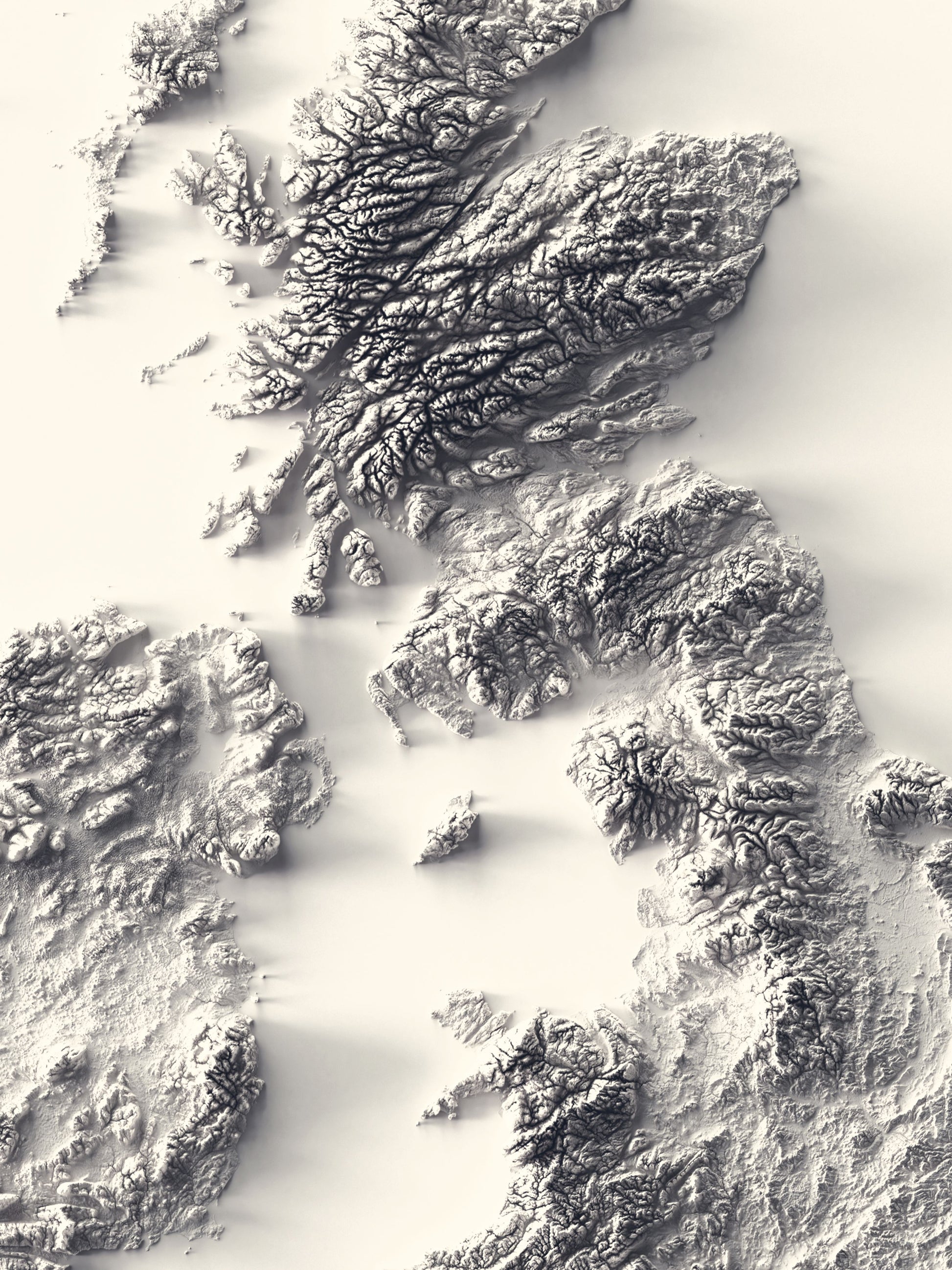 Detailed close-up of a united kingdom and ireland relief map, showcasing textured topography and geographic contours