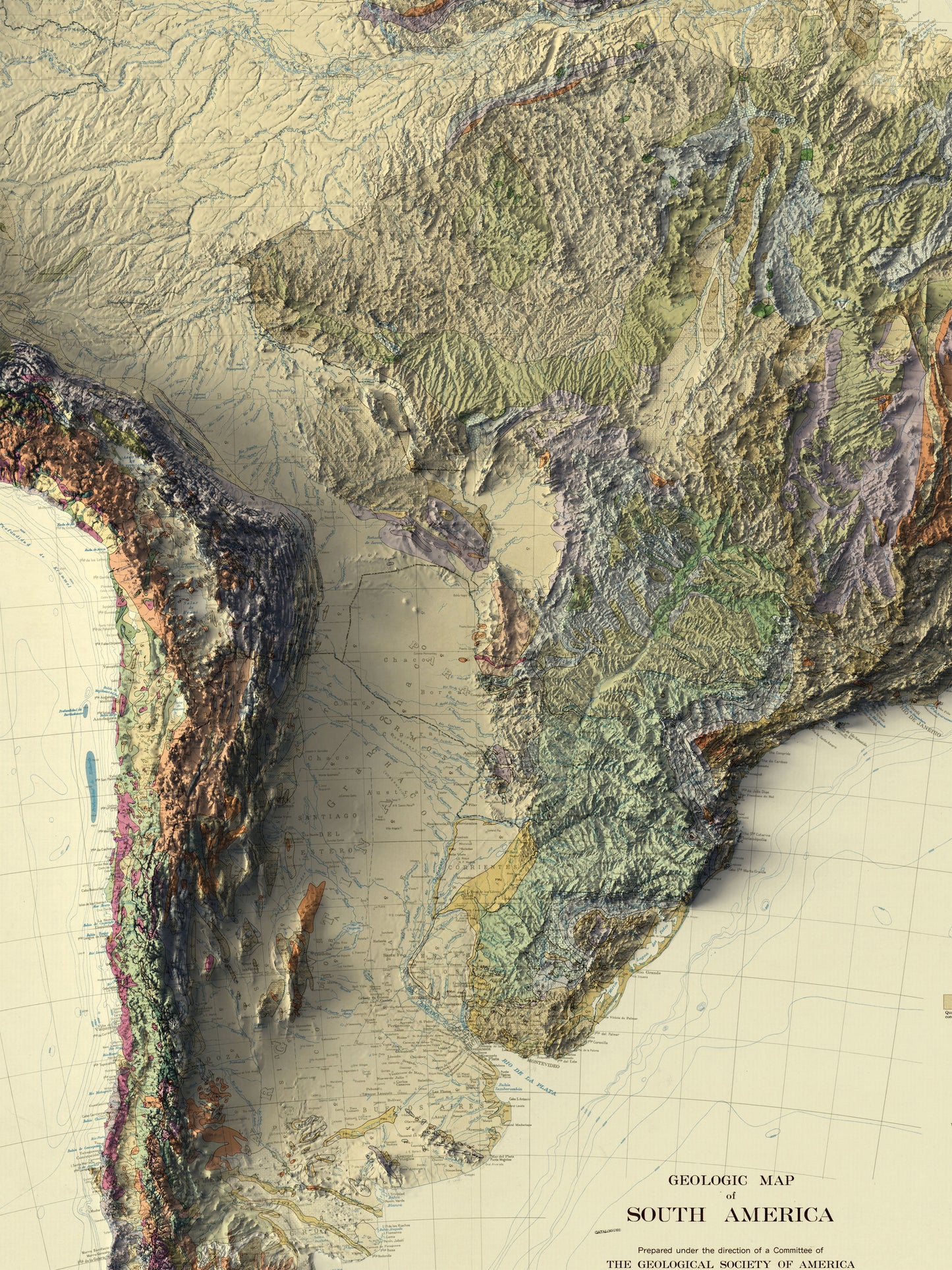 Detailed close-up of a vintage South America relief map, showcasing textured topography and geographic contours