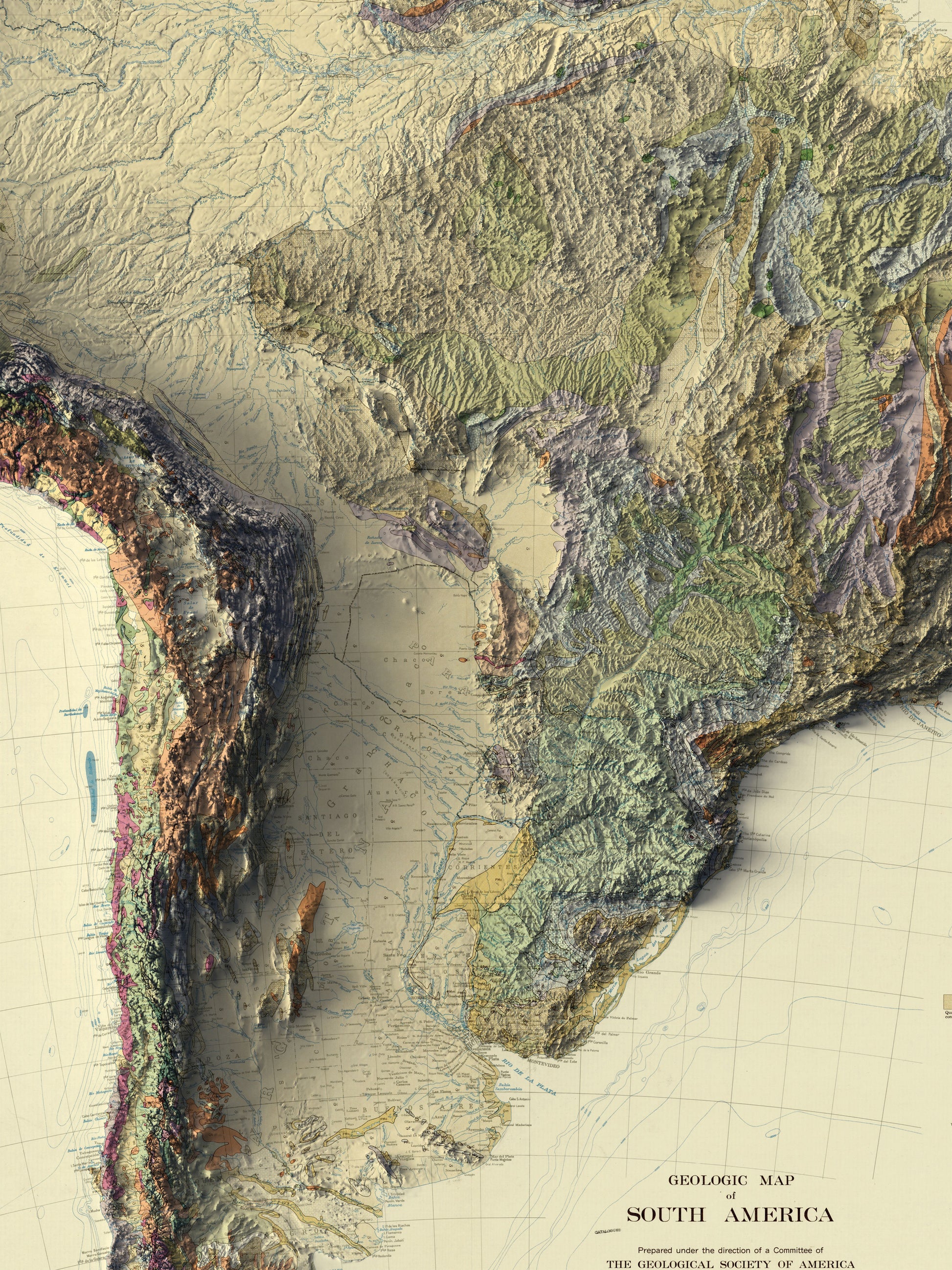 Detailed close-up of a vintage South America relief map, showcasing textured topography and geographic contours