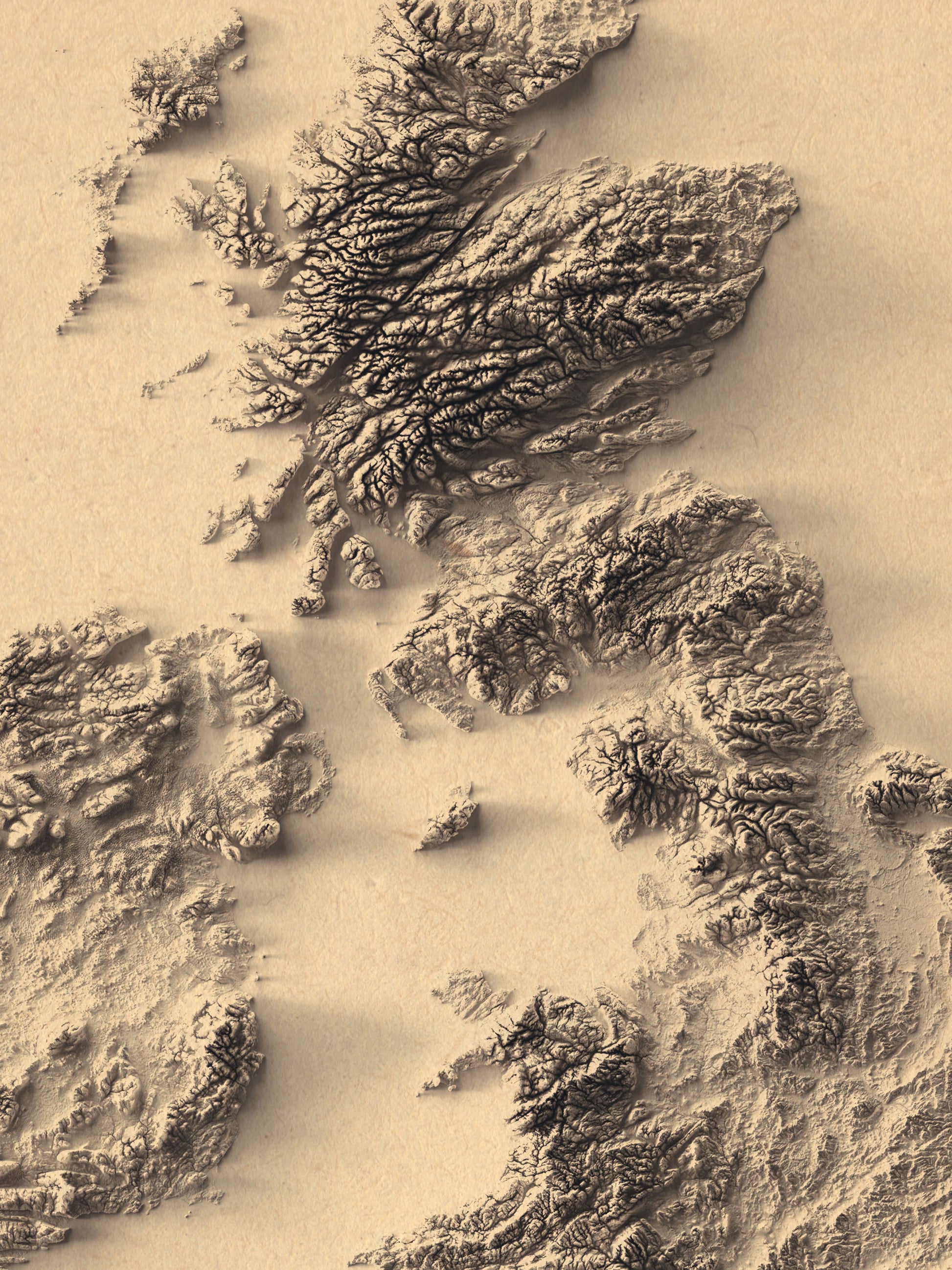 Detailed close-up of a united kingdom and ireland relief map, showcasing textured topography and geographic contours
