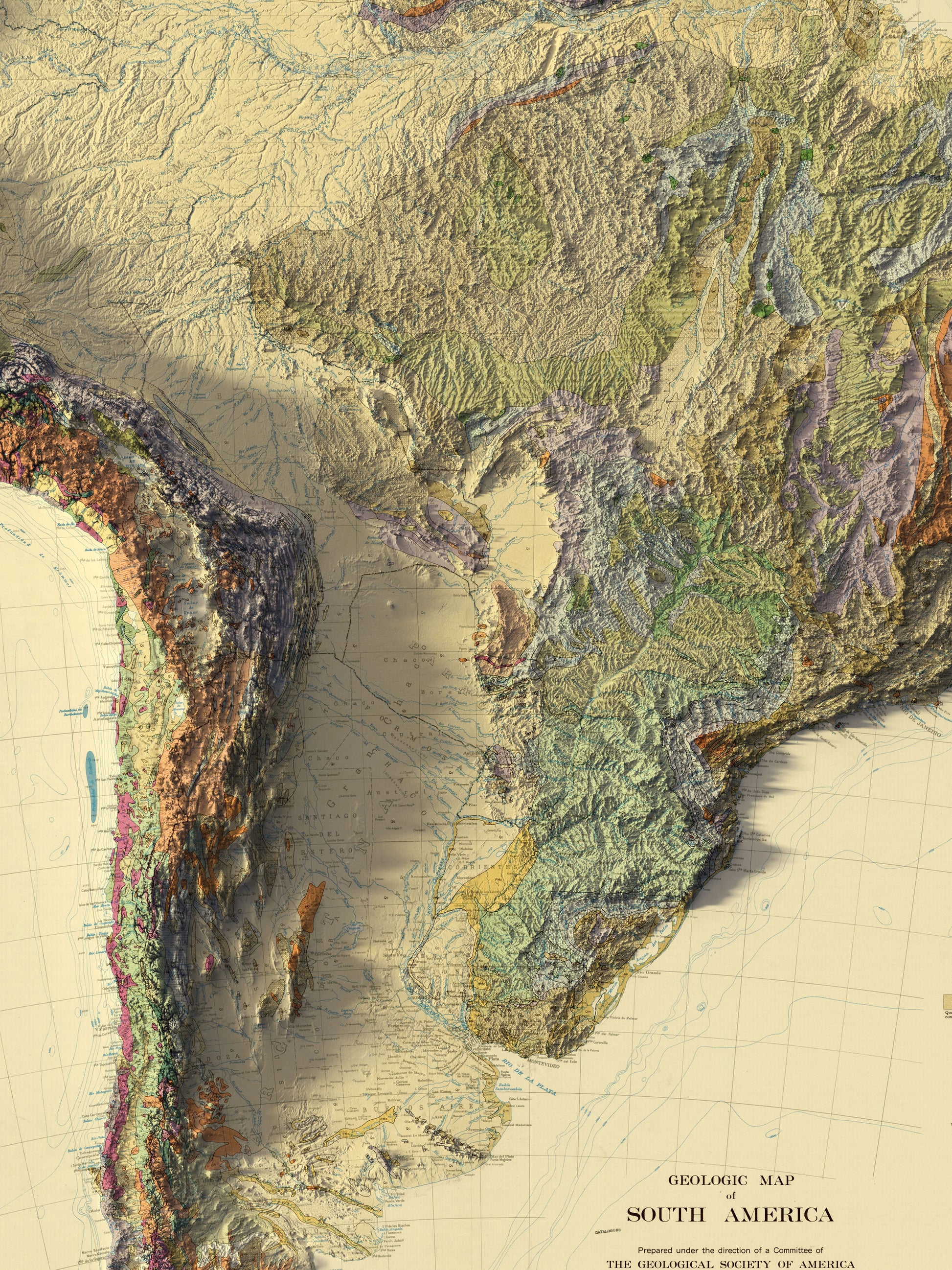 Detailed close-up of a vintage South America relief map, showcasing textured topography and geographic contours