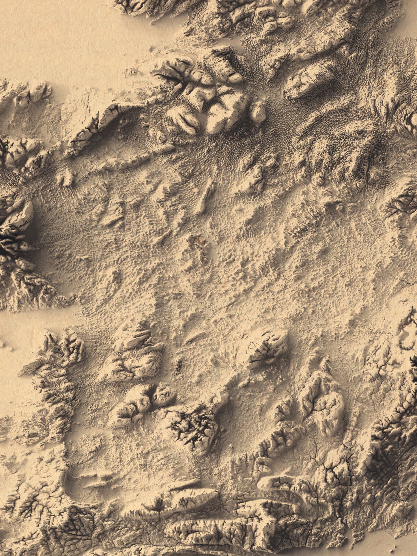 Detailed close-up of a Ireland relief map, showcasing textured topography and geographic contours