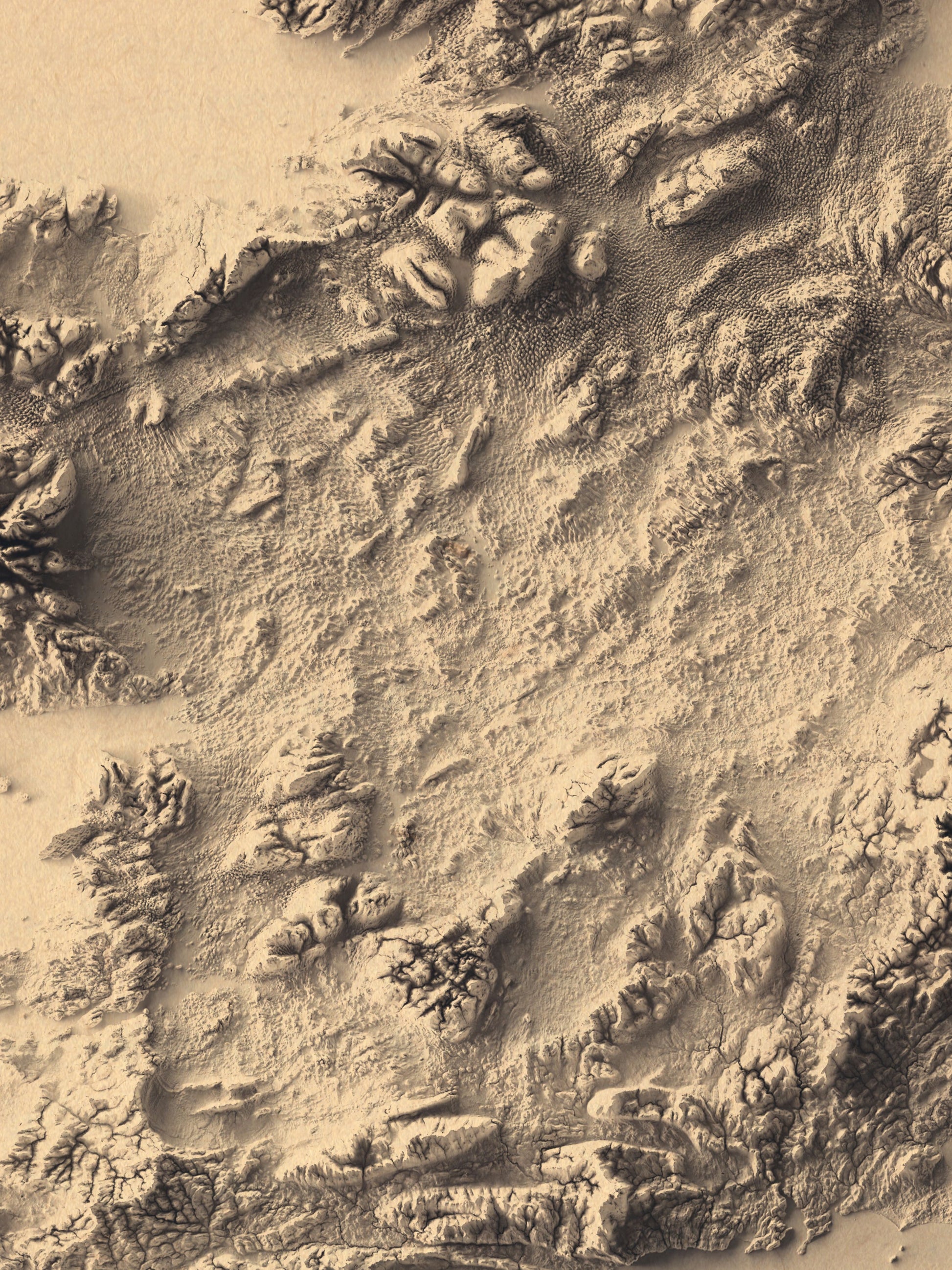 Detailed close-up of a Ireland relief map, showcasing textured topography and geographic contours