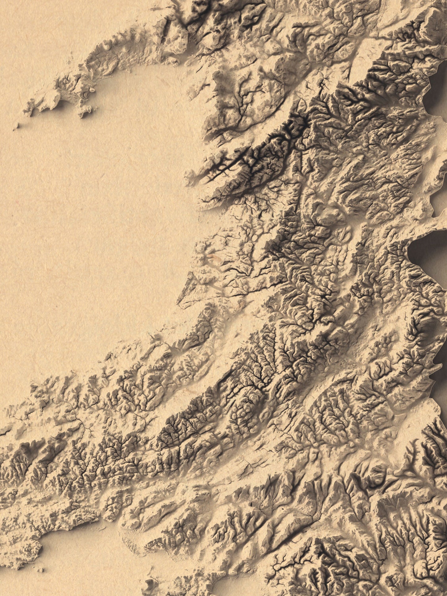 Detailed close-up of a wales relief map, showcasing textured topography and geographic contours
