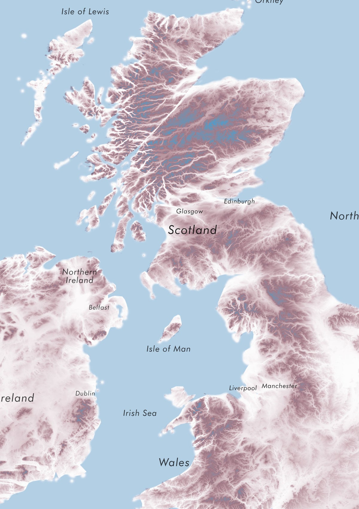British Isles Labeled Ocean Relief Map | Minimalist British Isles Ocean Relief Map