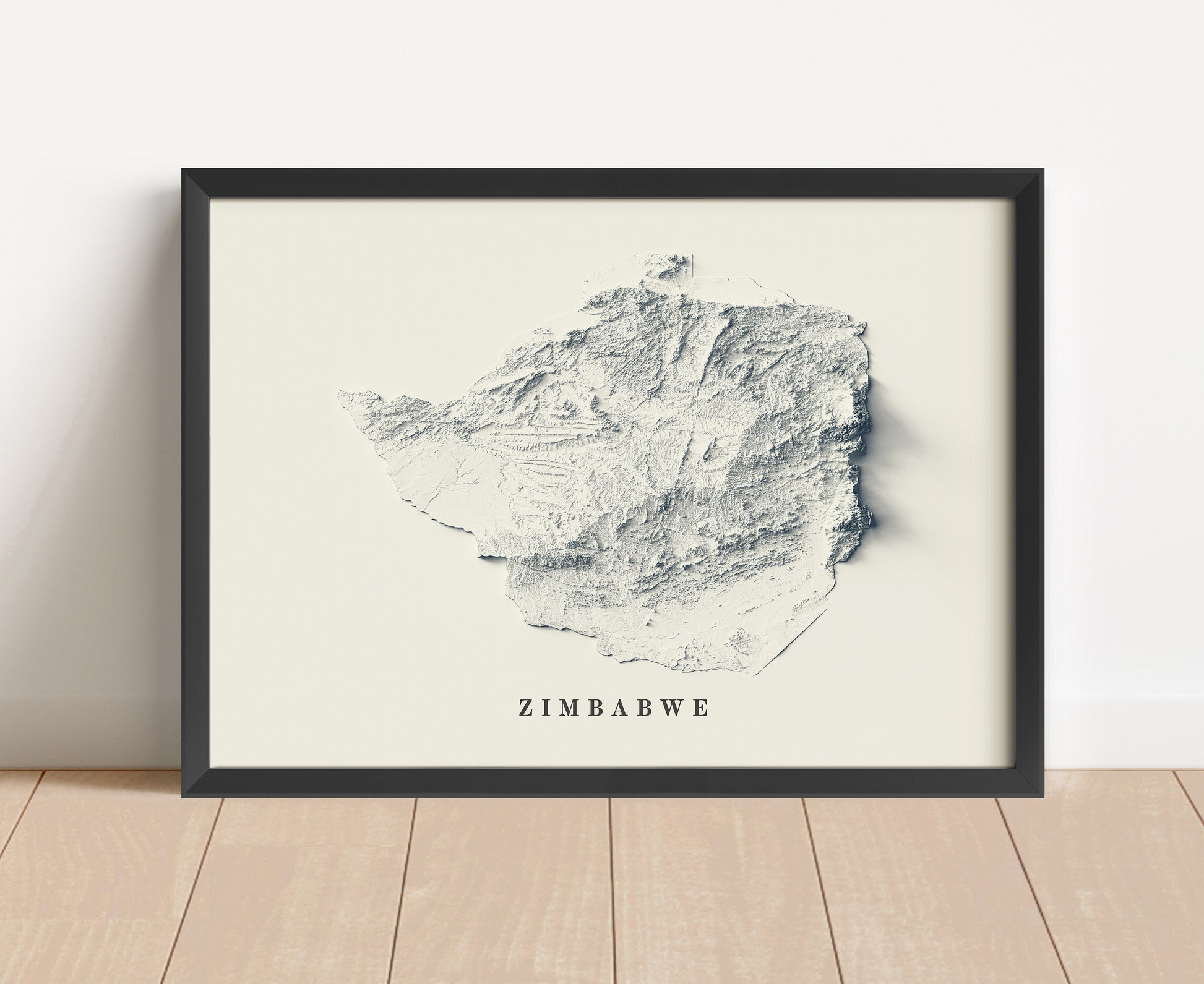 Zimbabwe shaded relief map in black frame. Artistic print with realistic terrain effect for wall decor