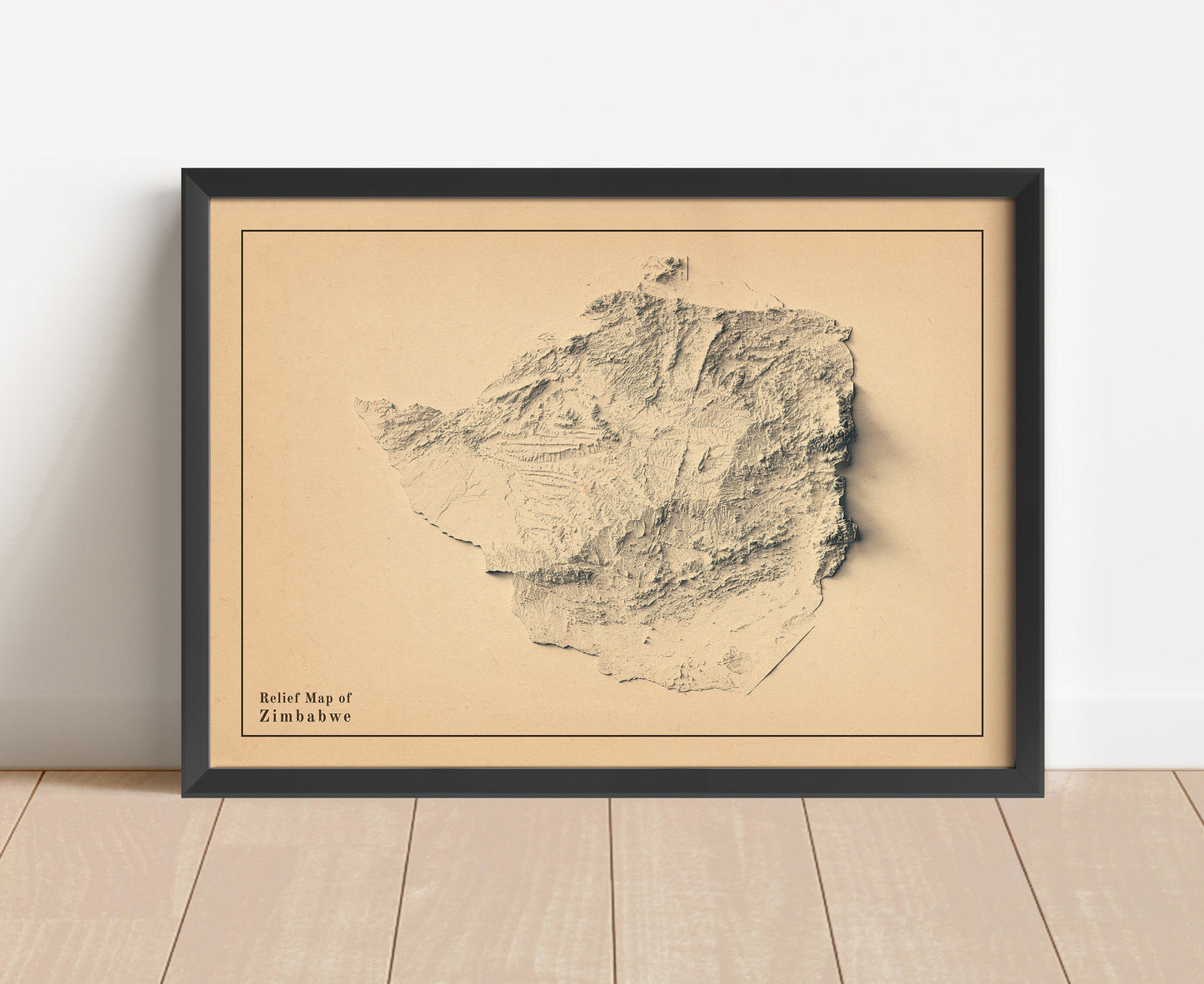 Vintage Zimbabwe shaded relief map in black frame. Artistic print with realistic terrain effect for wall decor