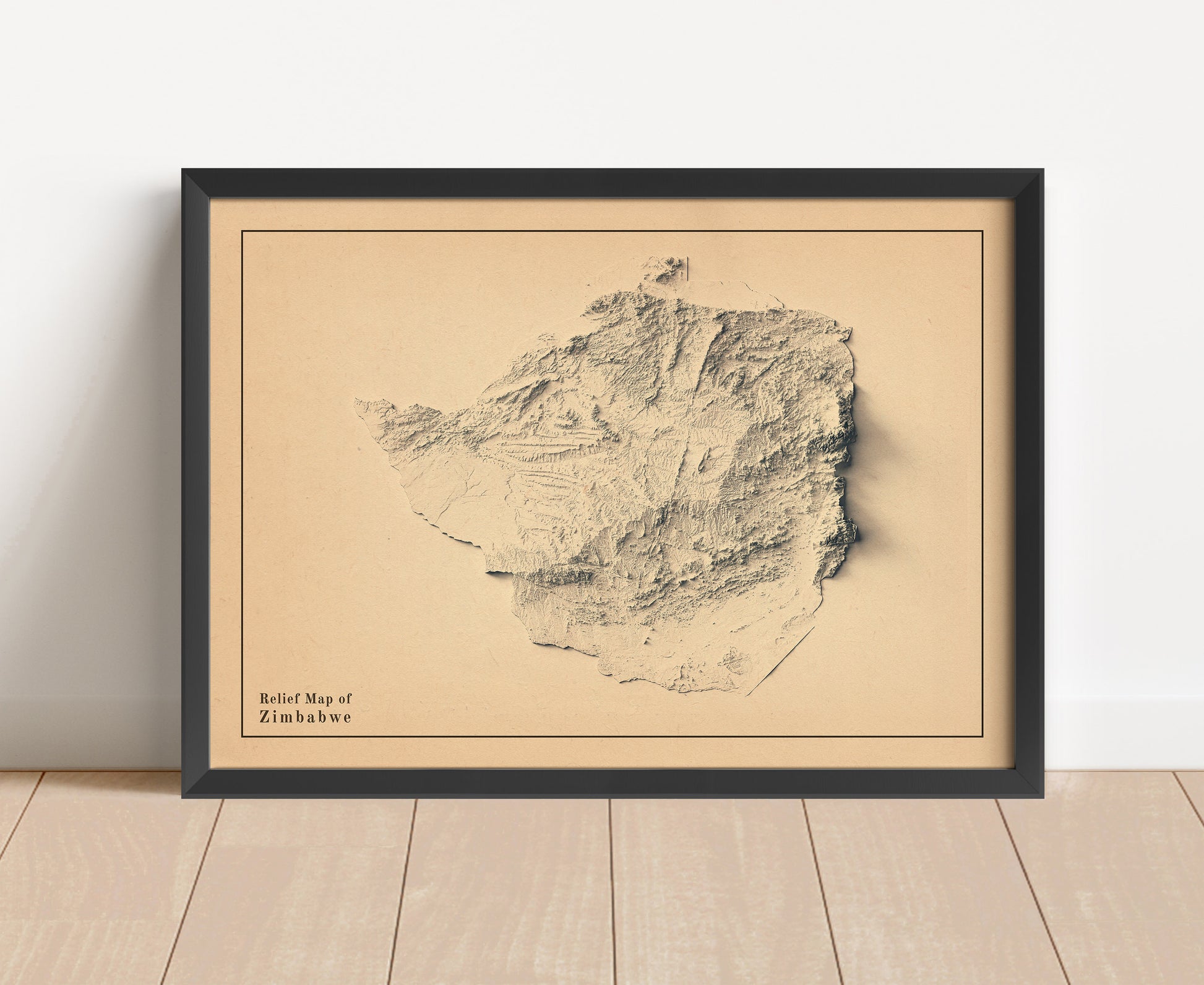 Vintage Zimbabwe shaded relief map in black frame. Artistic print with realistic terrain effect for wall decor