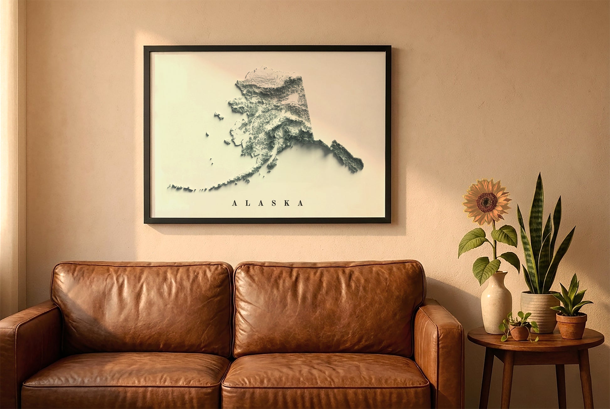 Alaska relief map in a black frame above a brown leather sofa. Boho living room with warm sunlight, sunflower, and indoor plants on a wooden side table
