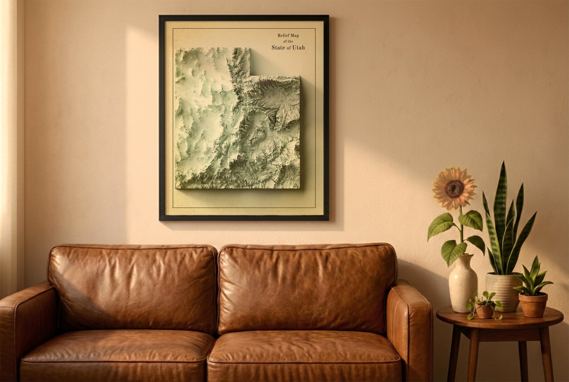 Utah vintage relief map in a black frame above a brown leather sofa. Boho living room with warm sunlight, sunflower, and indoor plants on a wooden side table