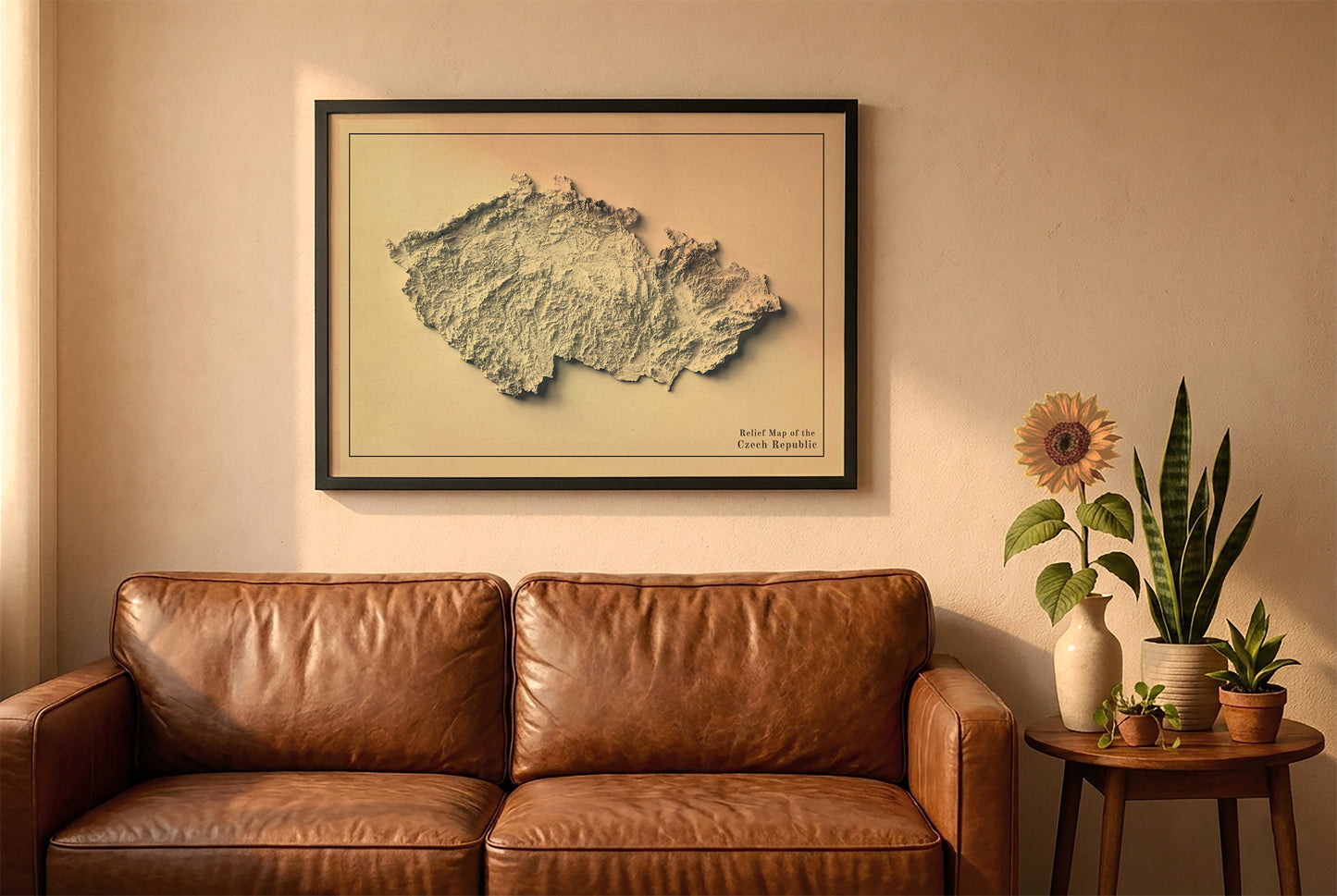 Czech vintage relief map in a black frame above a brown leather sofa. Boho living room with warm sunlight, sunflower, and indoor plants on a wooden side table