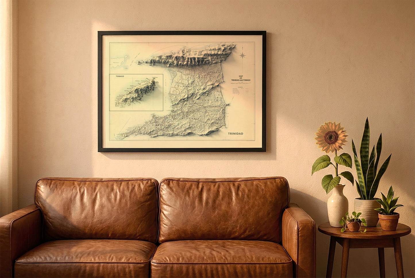 Trinidad and Tobago vintage relief map in a black frame above a brown leather sofa. Boho living room with warm sunlight, sunflower, and indoor plants on a wooden side table