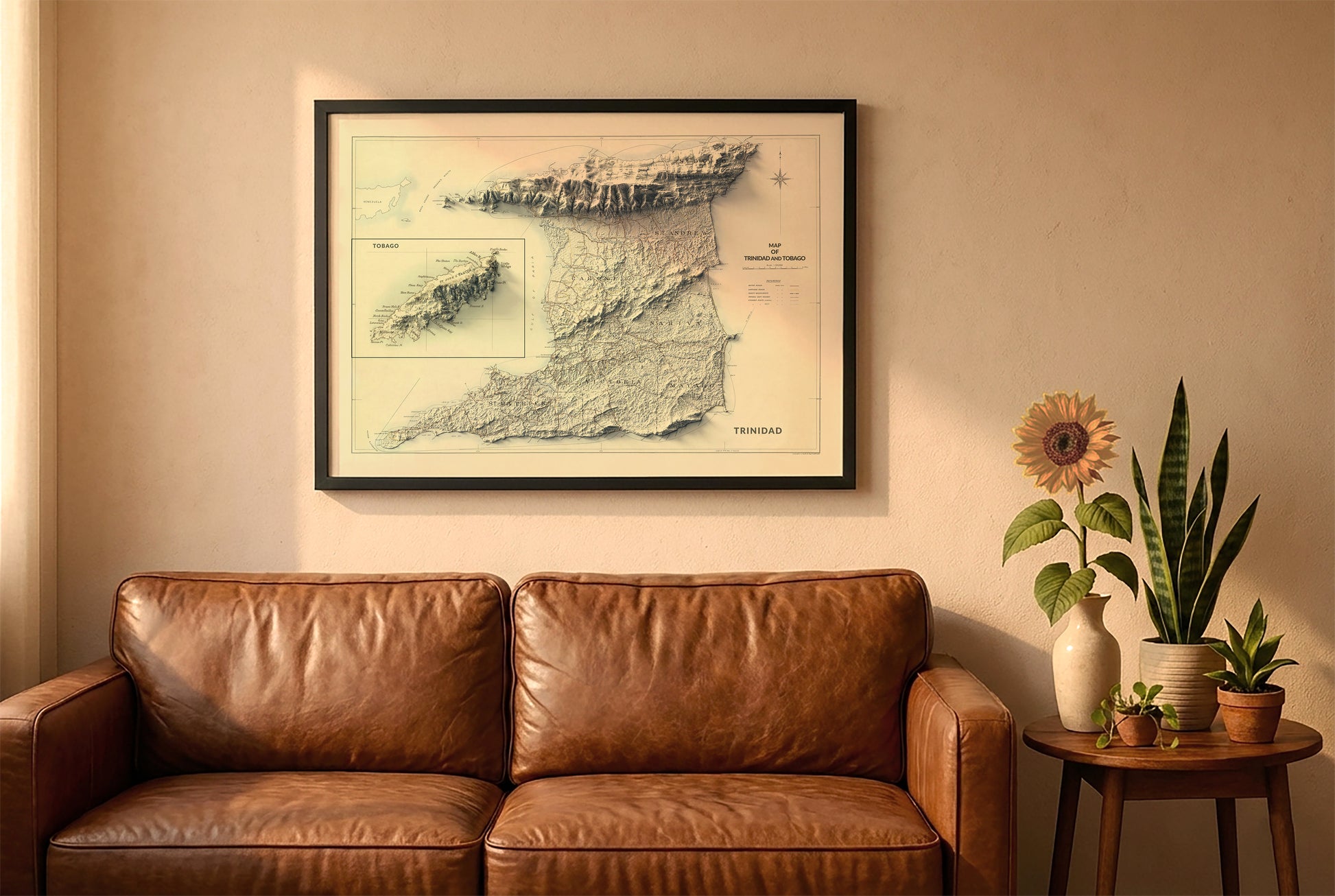 Trinidad and Tobago vintage relief map in a black frame above a brown leather sofa. Boho living room with warm sunlight, sunflower, and indoor plants on a wooden side table
