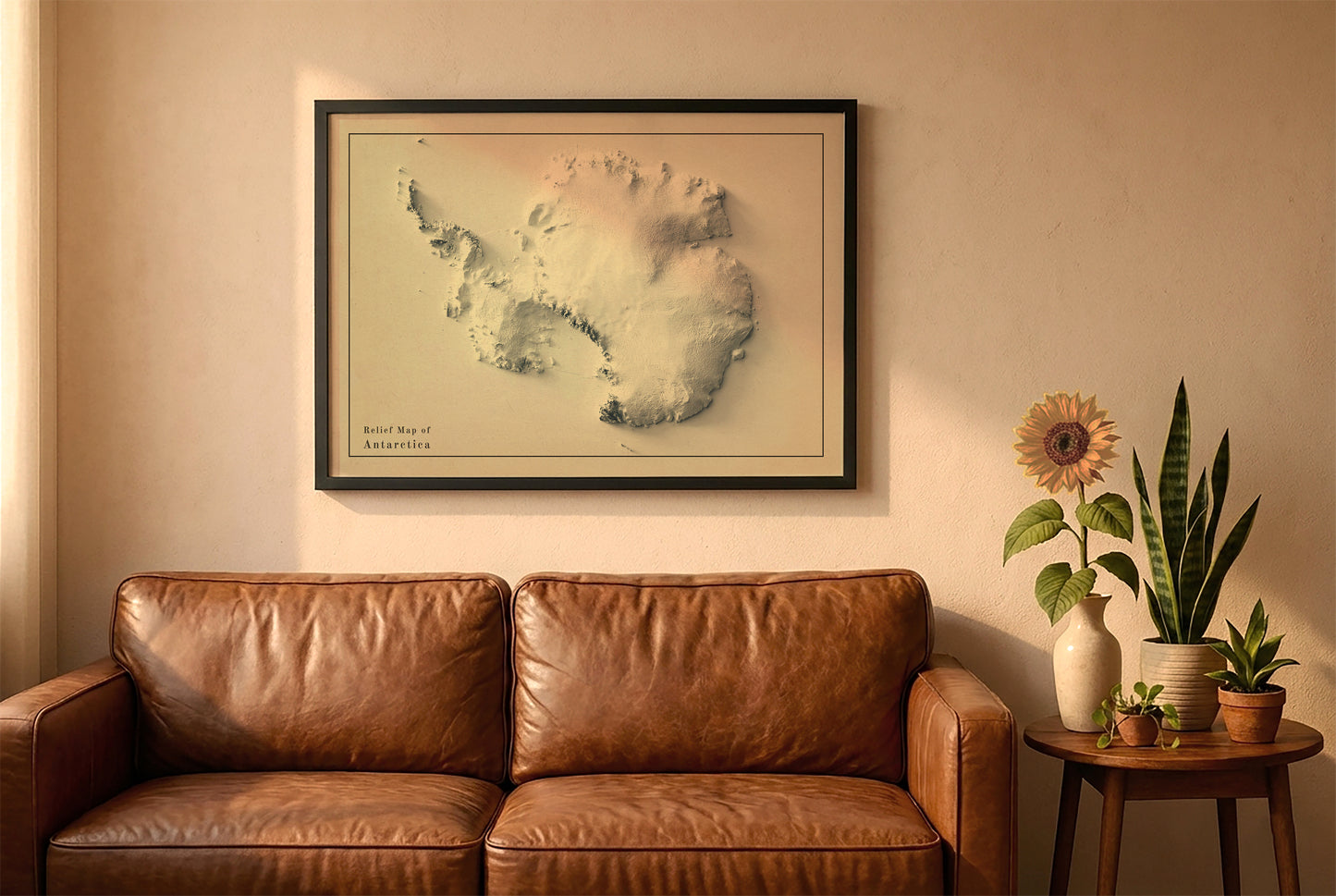 Antarctica vintage relief map in a black frame above a brown leather sofa. Boho living room with warm sunlight, sunflower, and indoor plants on a wooden side table