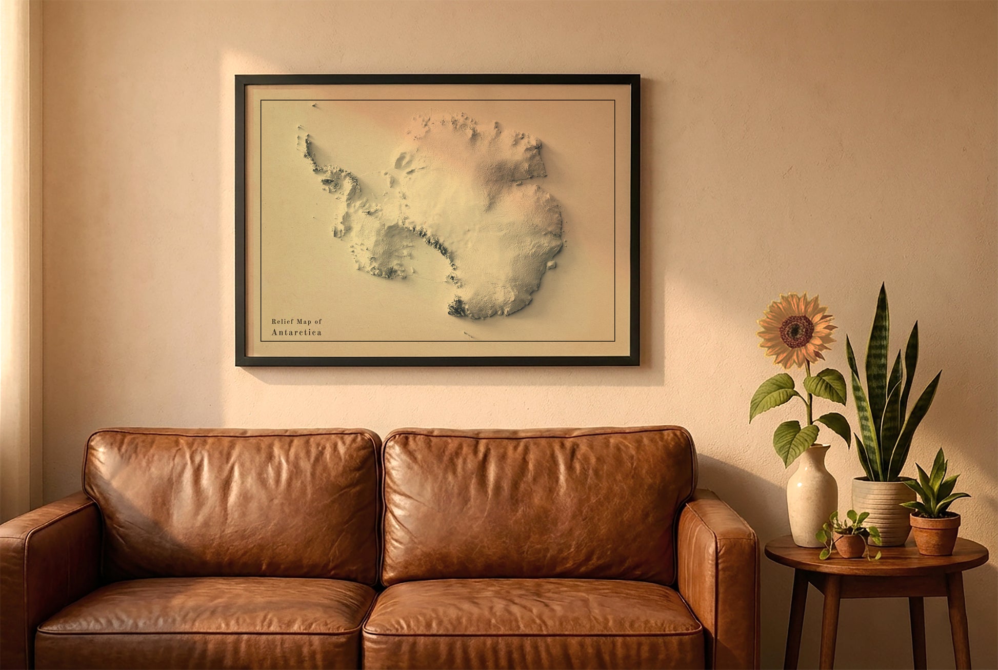 Antarctica vintage relief map in a black frame above a brown leather sofa. Boho living room with warm sunlight, sunflower, and indoor plants on a wooden side table