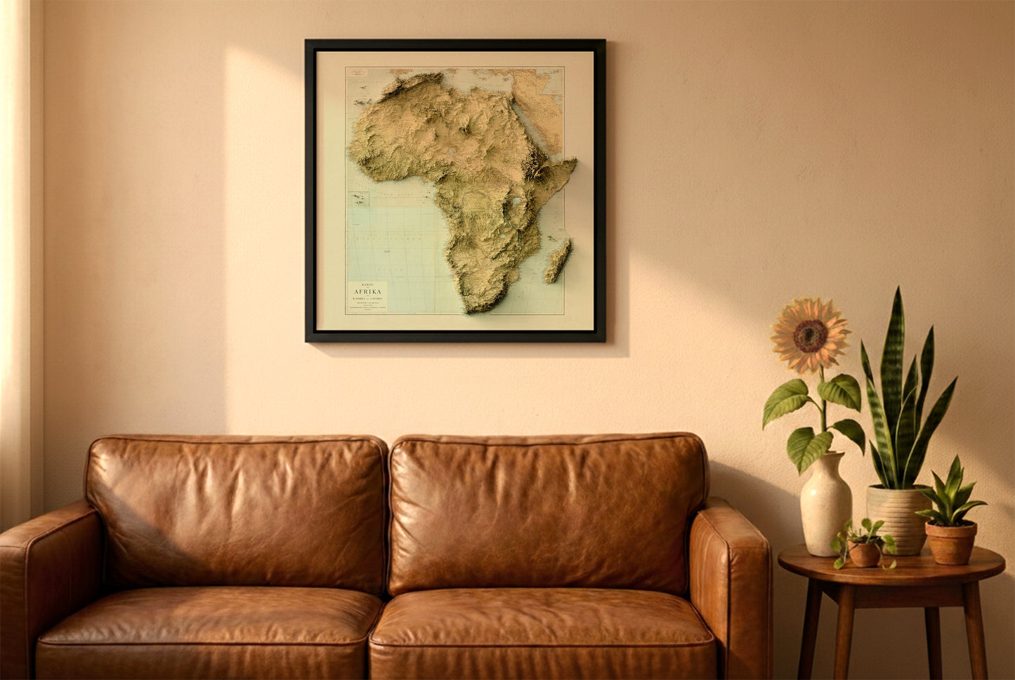 Africa vintage relief map in a black frame above a brown leather sofa. Boho living room with warm sunlight, sunflower, and indoor plants on a wooden side table