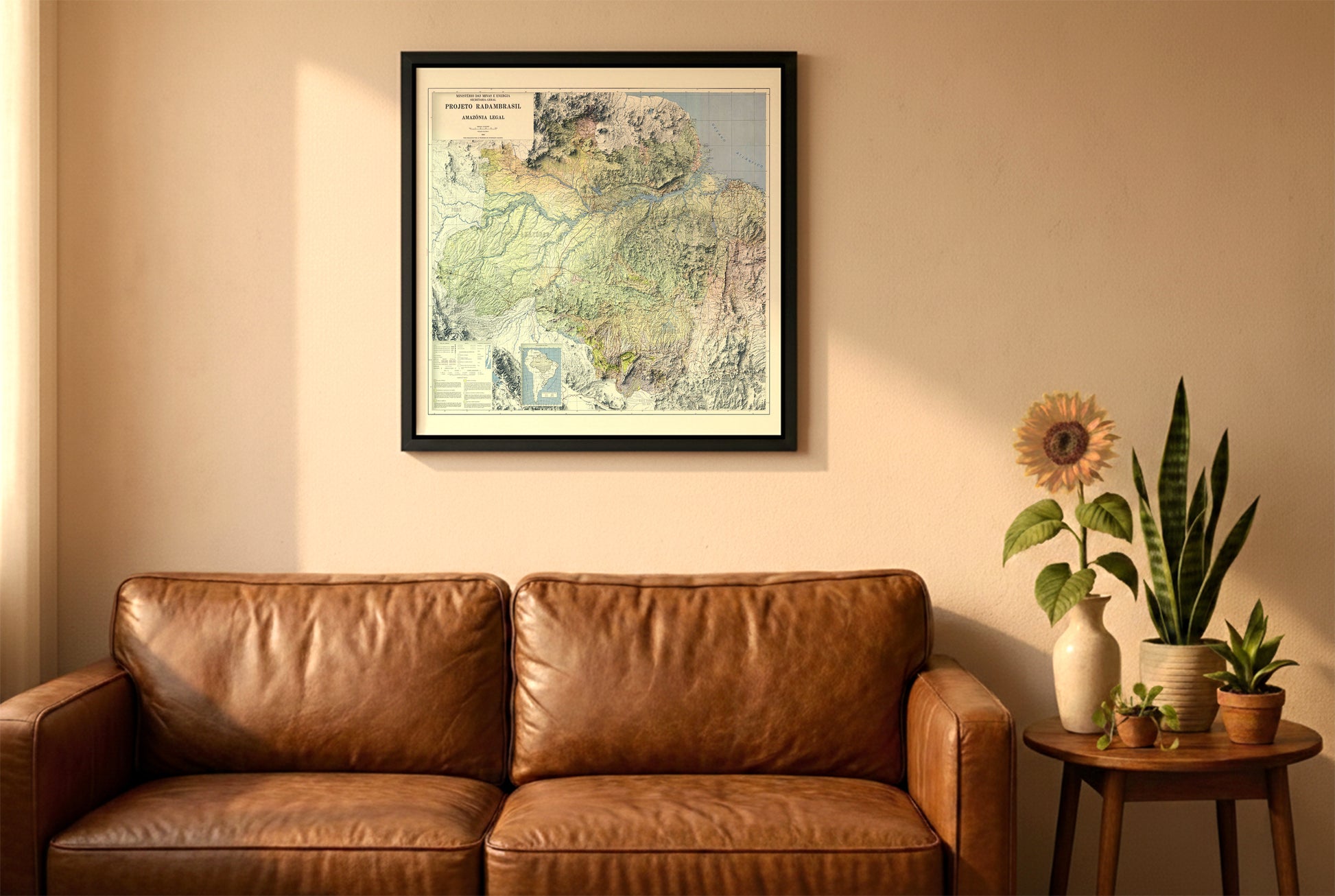Amazon vintage relief map in a black frame above a brown leather sofa. Boho living room with warm sunlight, sunflower, and indoor plants on a wooden side table