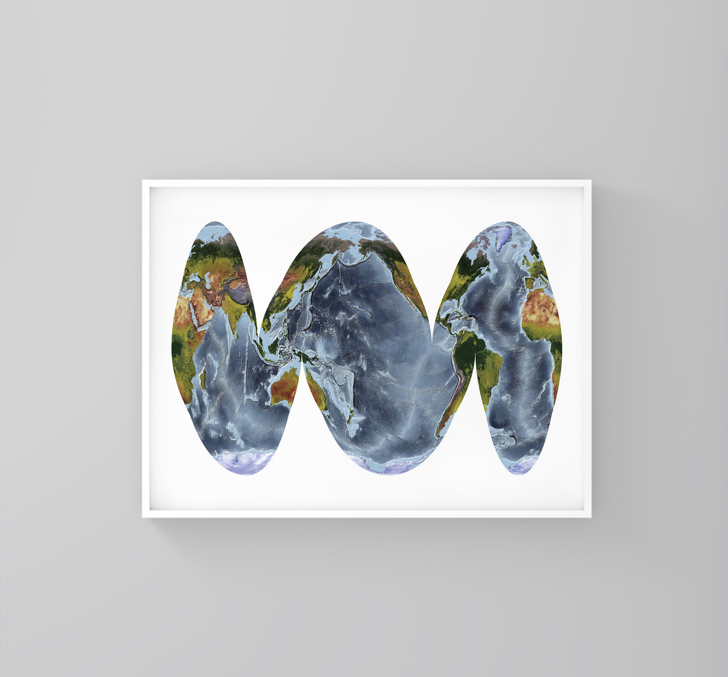 World framed shaded relief map in white frame. Goode Homolosine Ocean Projection, an artistic print highlighting mountains and vegetation