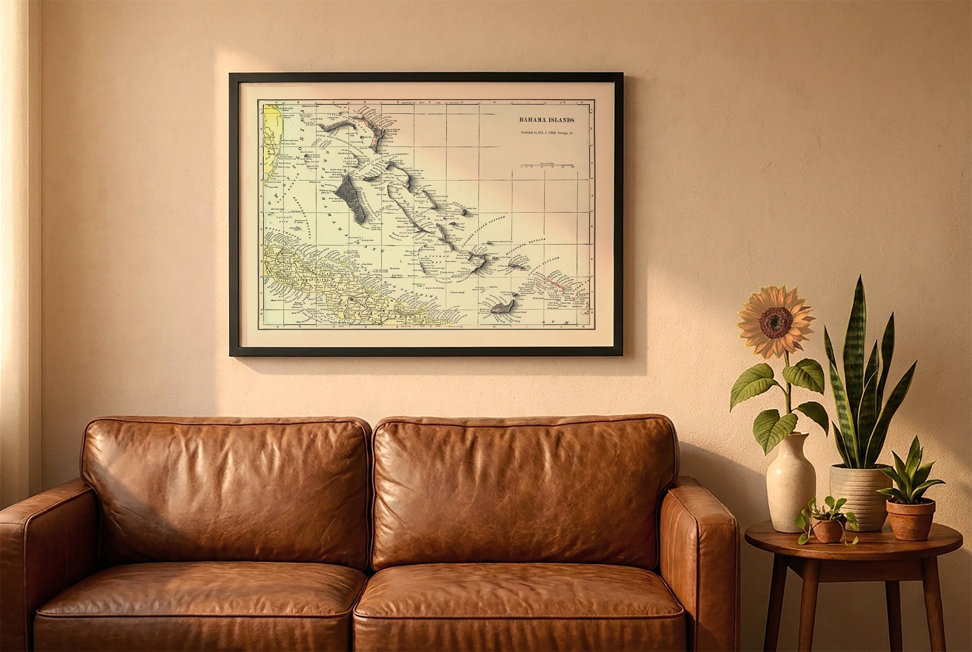 Bahamas vintage relief map in a black frame above a brown leather sofa. Boho living room with warm sunlight, sunflower, and indoor plants on a wooden side table
