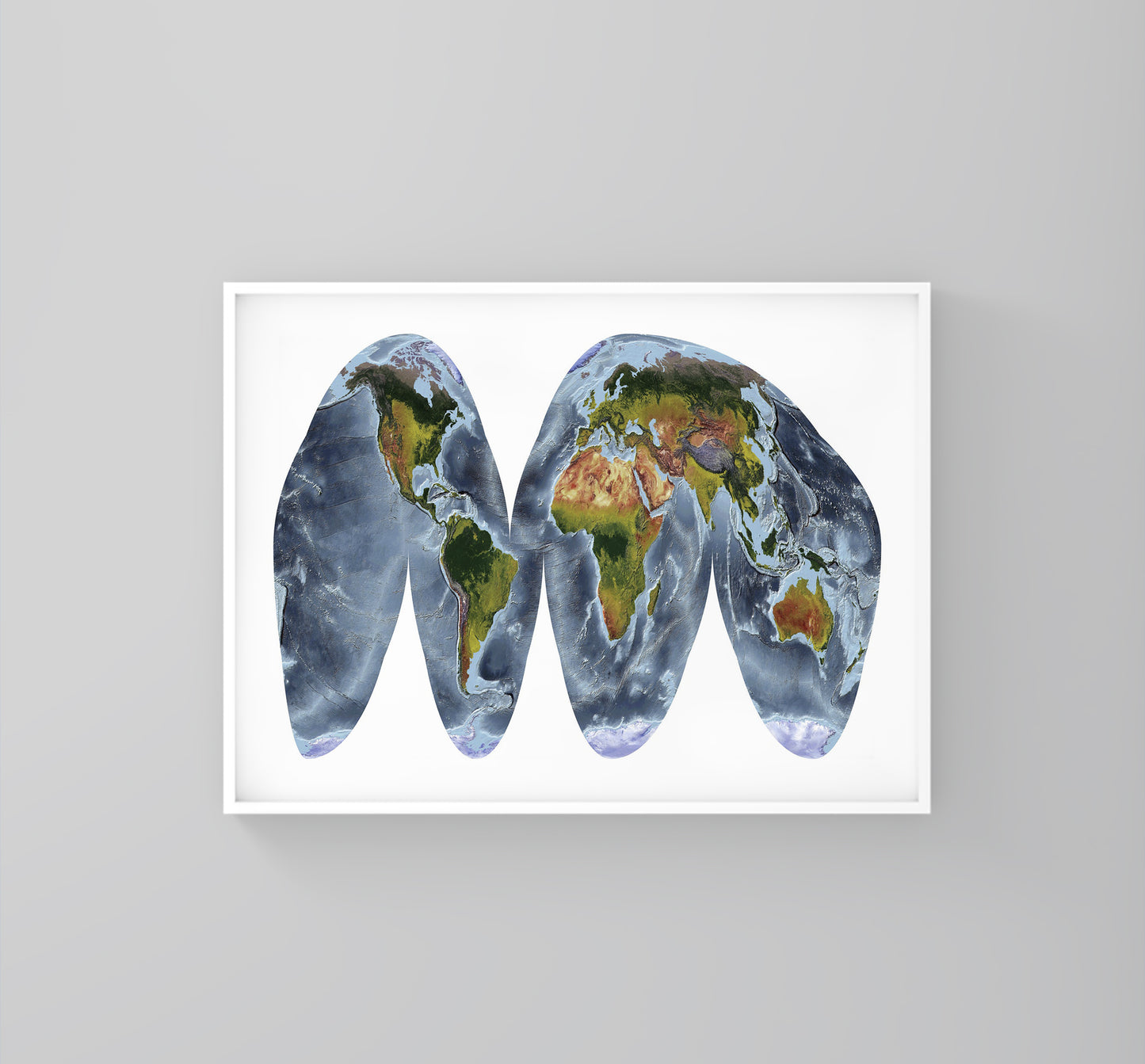 World framed shaded relief map in white frame. Goode Homolosine Land Projection, an artistic print highlighting mountains and vegetation