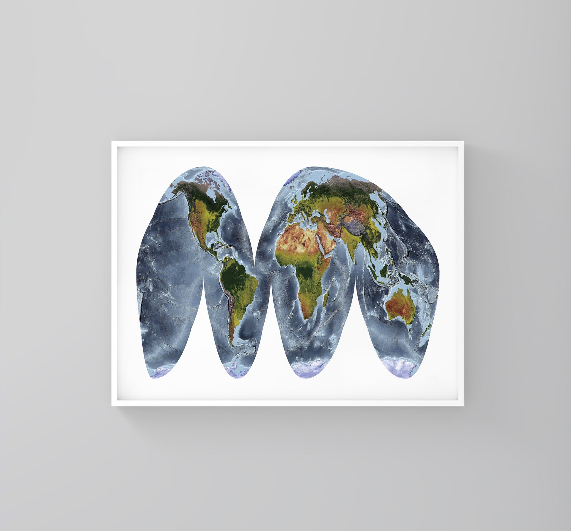 World framed shaded relief map in white frame. Goode Homolosine Land Projection, an artistic print highlighting mountains and vegetation