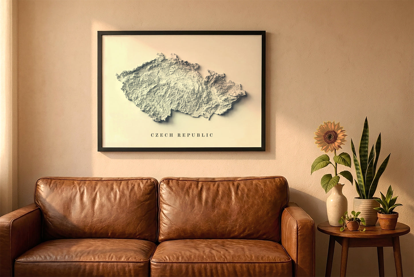 Czech relief map in a black frame above a brown leather sofa. Boho living room with warm sunlight, sunflower, and indoor plants on a wooden side table