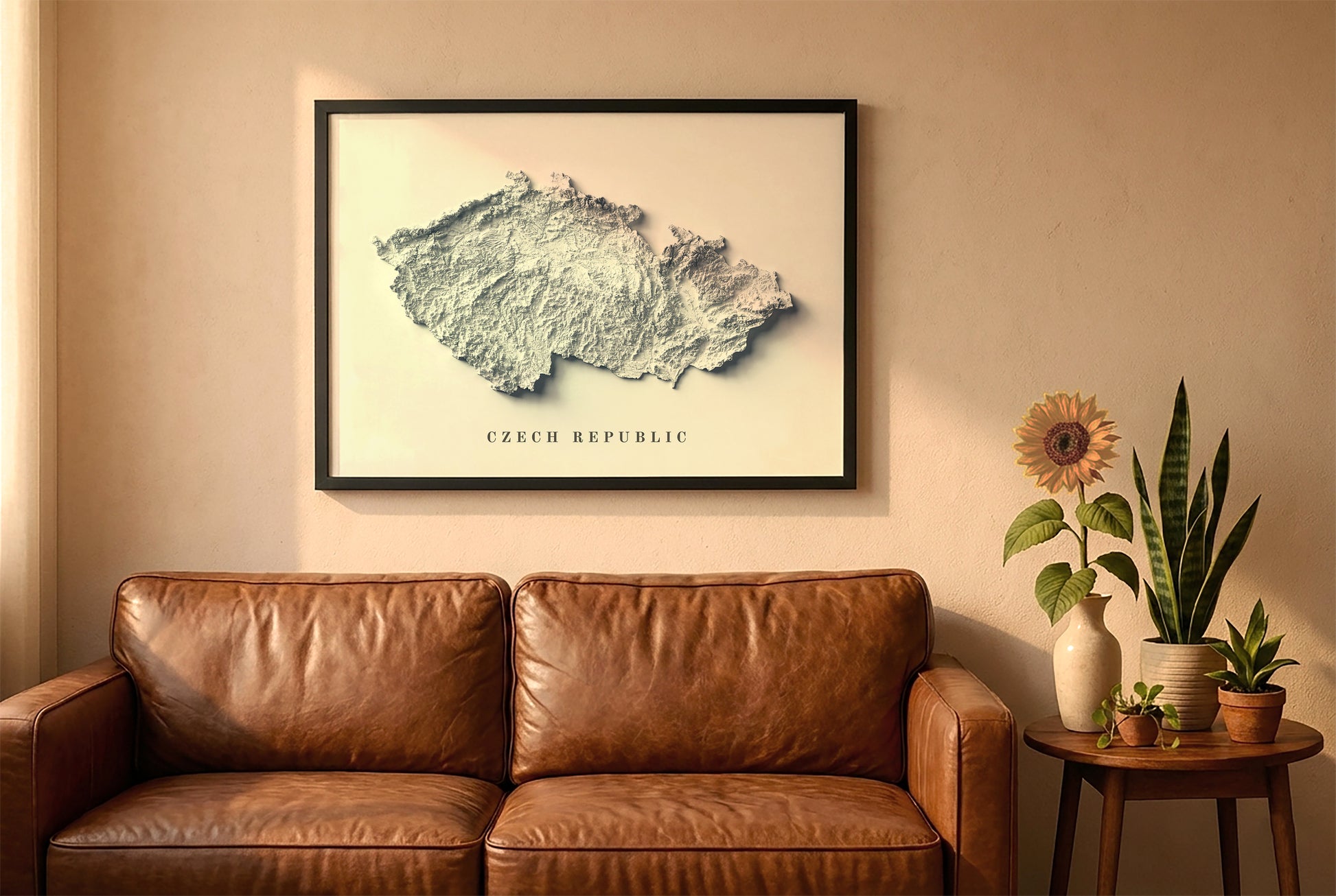Czech relief map in a black frame above a brown leather sofa. Boho living room with warm sunlight, sunflower, and indoor plants on a wooden side table
