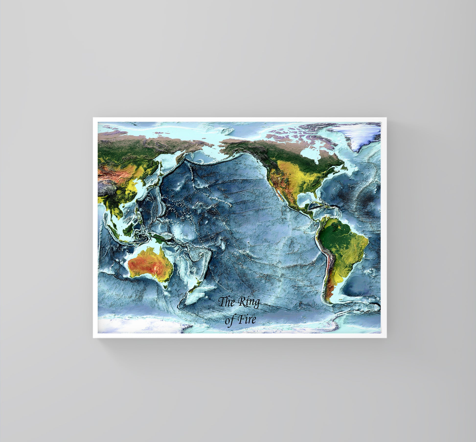 Ring of Fire framed shaded relief map in white frame. Artistic print highlighting mountains with a realistic 3d effect