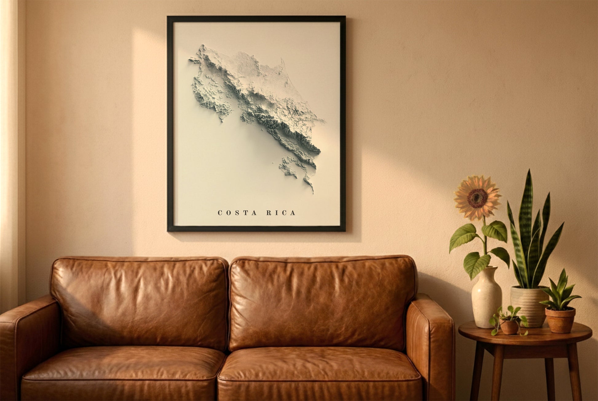 Costa Rica relief map in a black frame above a brown leather sofa. Boho living room with warm sunlight, sunflower, and indoor plants on a wooden side table