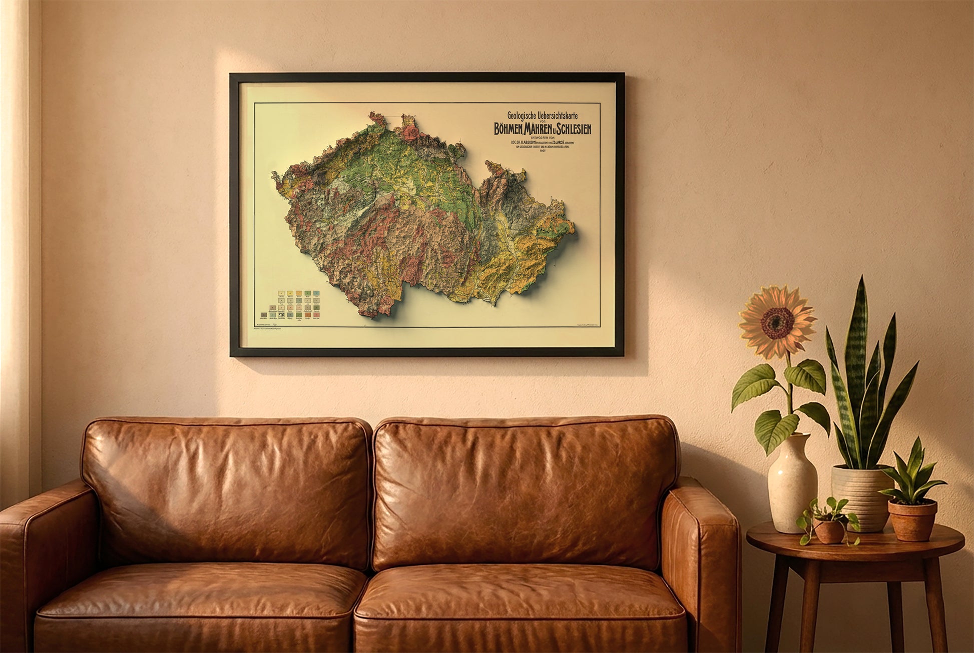 Czech vintage relief map in a black frame above a brown leather sofa. Boho living room with warm sunlight, sunflower, and indoor plants on a wooden side table
