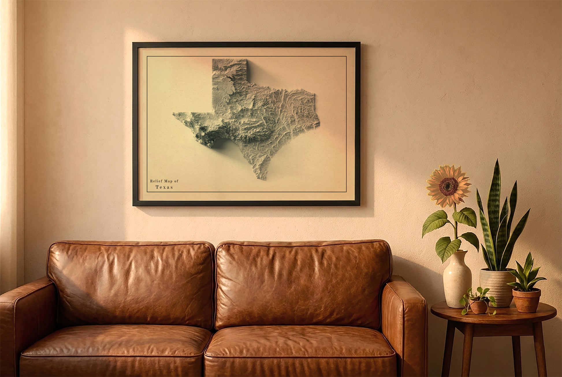 Texas vintage relief map in a black frame above a brown leather sofa. Boho living room with warm sunlight, sunflower, and indoor plants on a wooden side table
