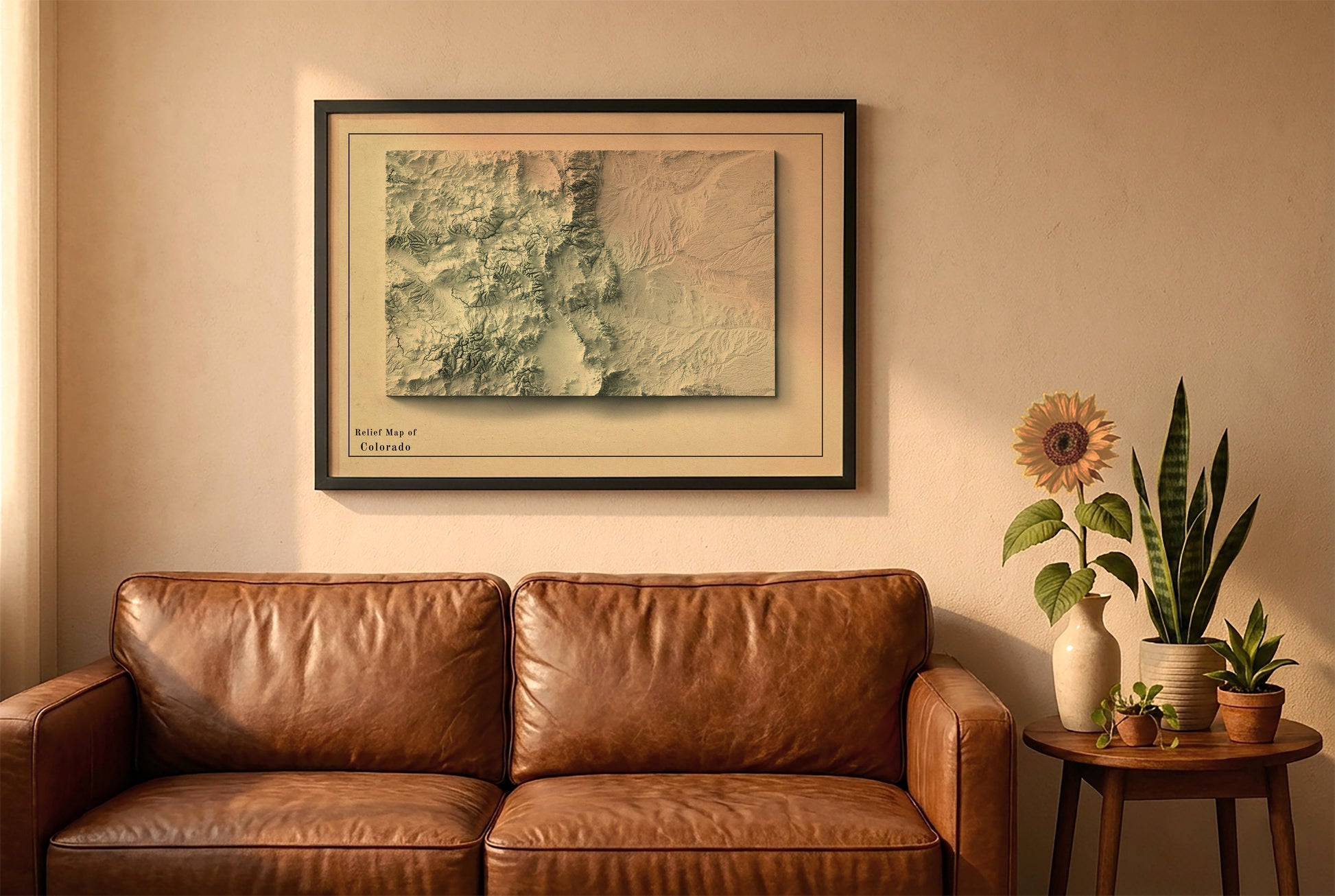 Colorado vintage relief map in a black frame above a brown leather sofa. Boho living room with warm sunlight, sunflower, and indoor plants on a wooden side table