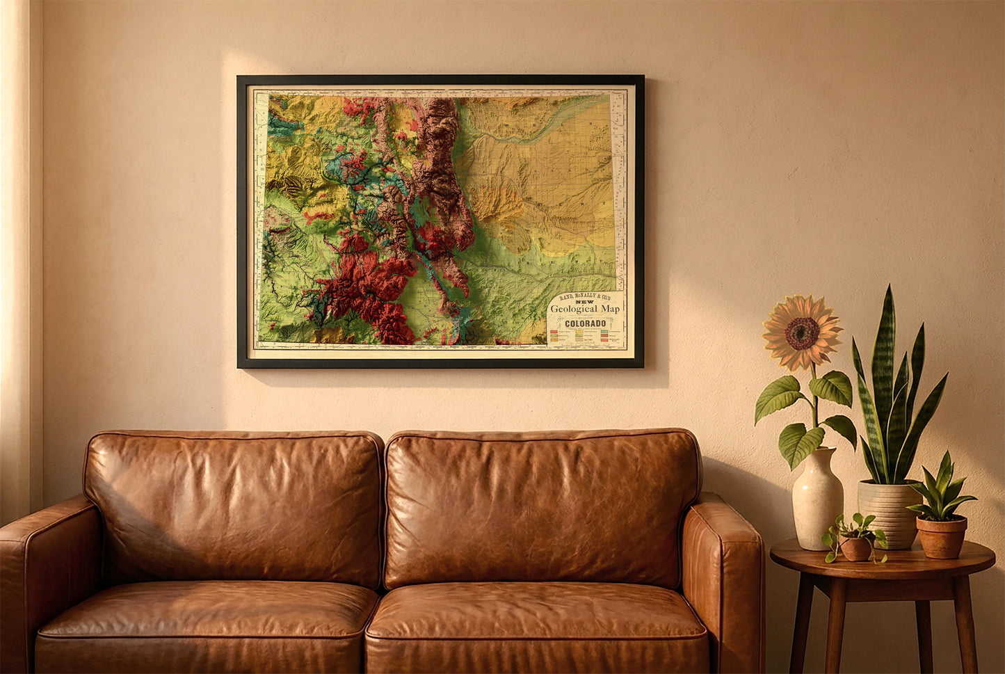 Colorado vintage relief map in a black frame above a brown leather sofa. Boho living room with warm sunlight, sunflower, and indoor plants on a wooden side table