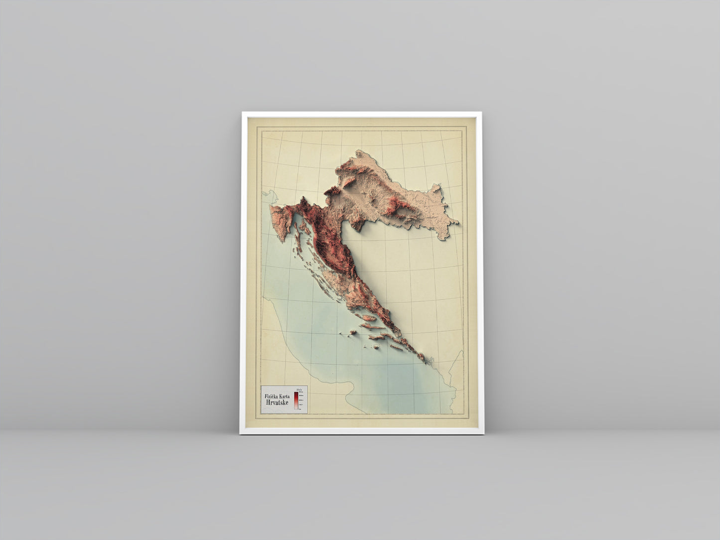 Croatia vintage framed shaded relief map in white frame. Artistic print highlighting mountains with a realistic 3d effect