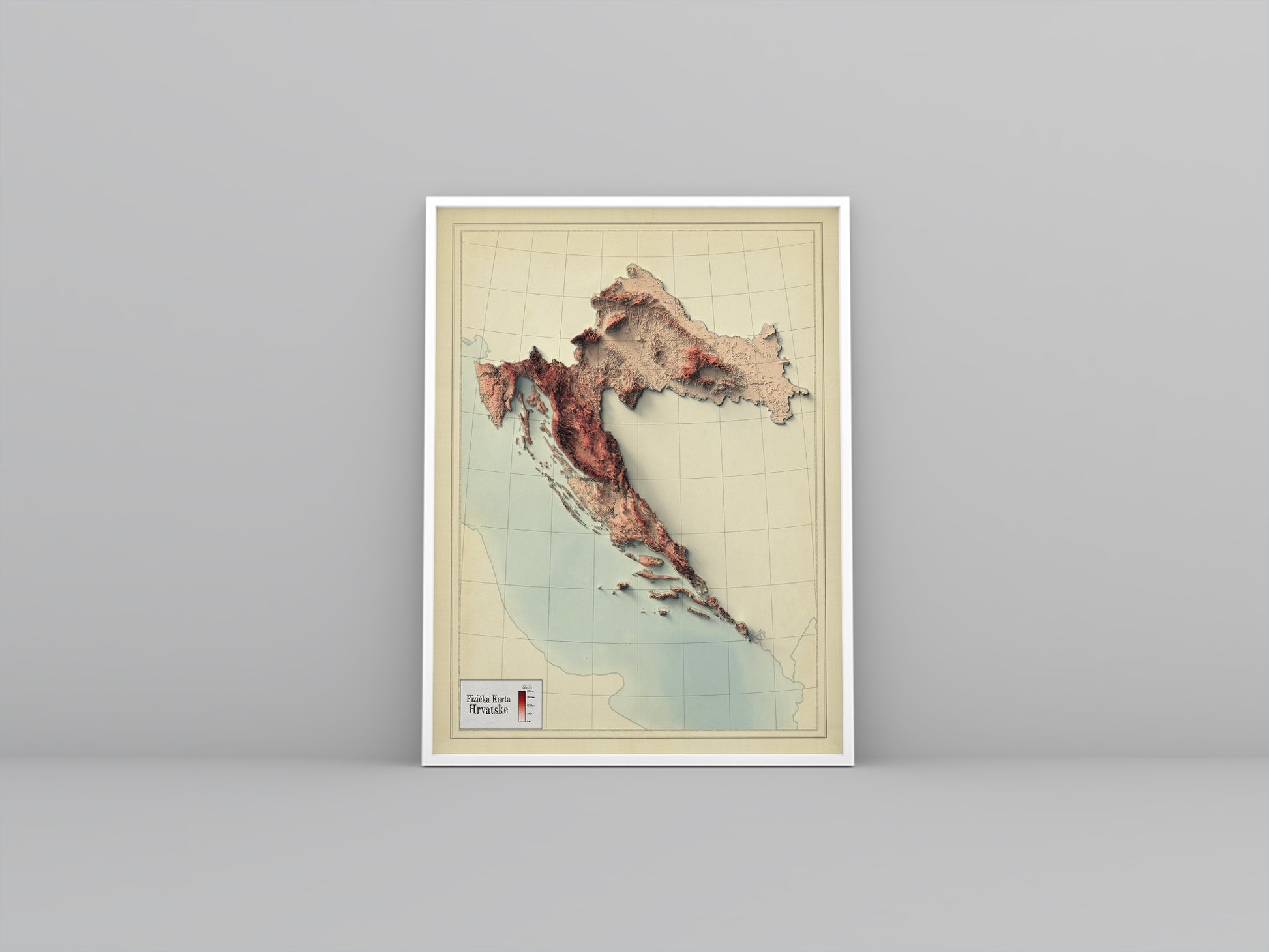Croatia vintage framed shaded relief map in white frame. Artistic print highlighting mountains with a realistic 3d effect