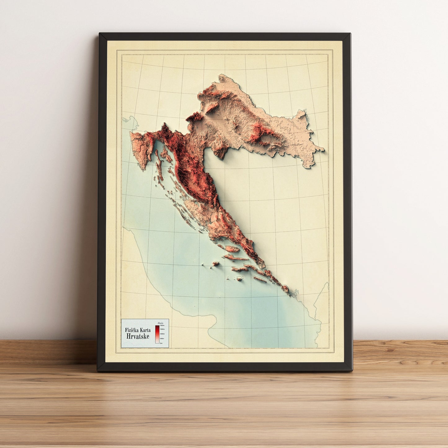 Croatia vintage framed shaded relief map in black frame. Artistic print highlighting mountains with a realistic terrain effect