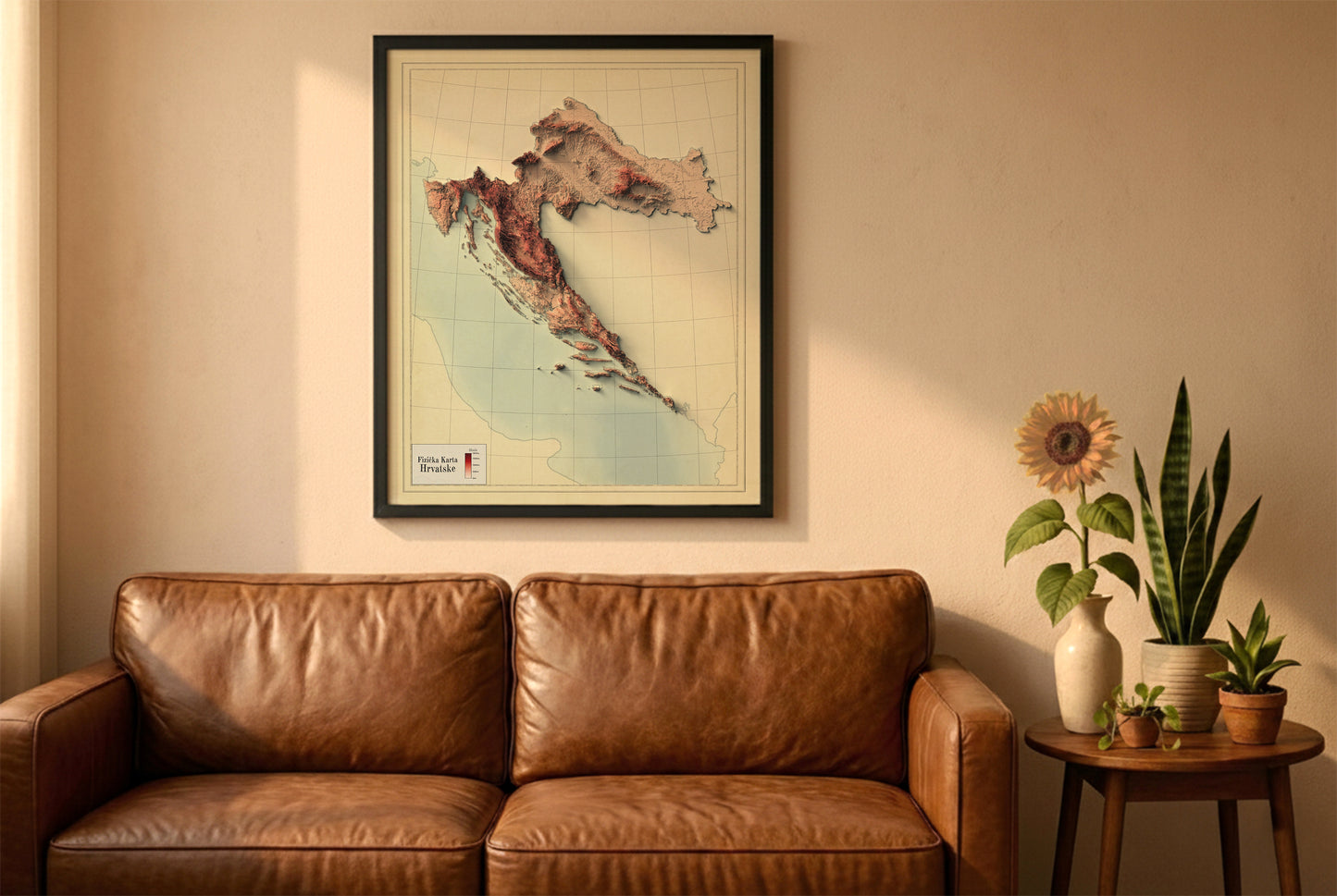 Croatia vintage relief map in a black frame above a brown leather sofa. Boho living room with warm sunlight, sunflower, and indoor plants on a wooden side table