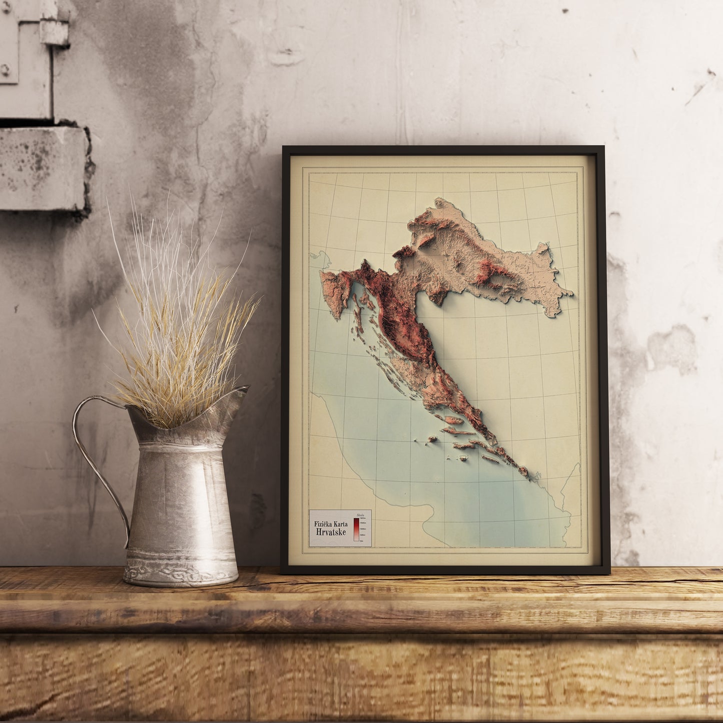 Vintage Croatia shaded relief map in black frame. Realistic terrain art print for home decor, displayed on rustic wooden table