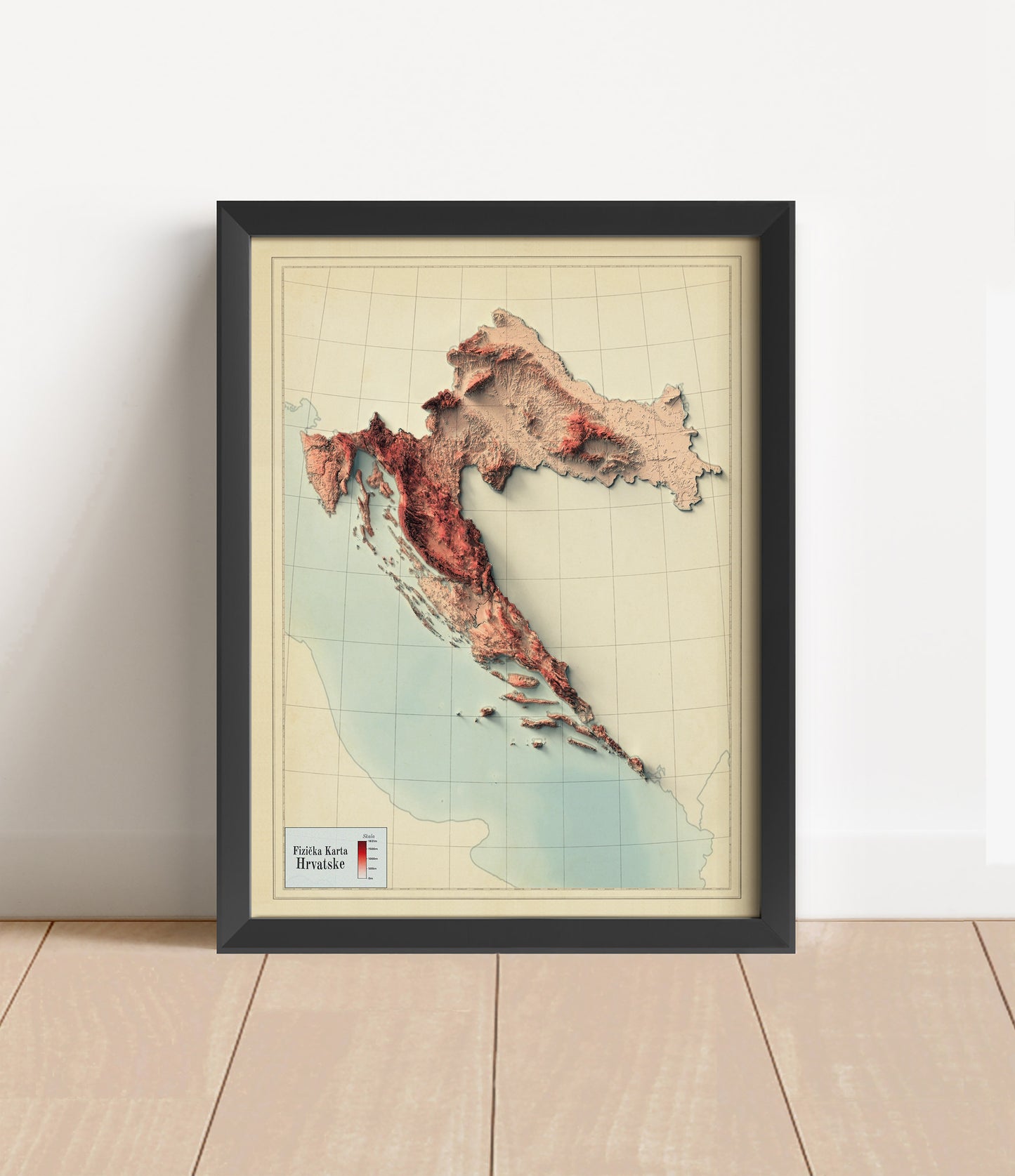 Vintage Croatia shaded relief map in black frame. Artistic print with realistic terrain effect for wall decor