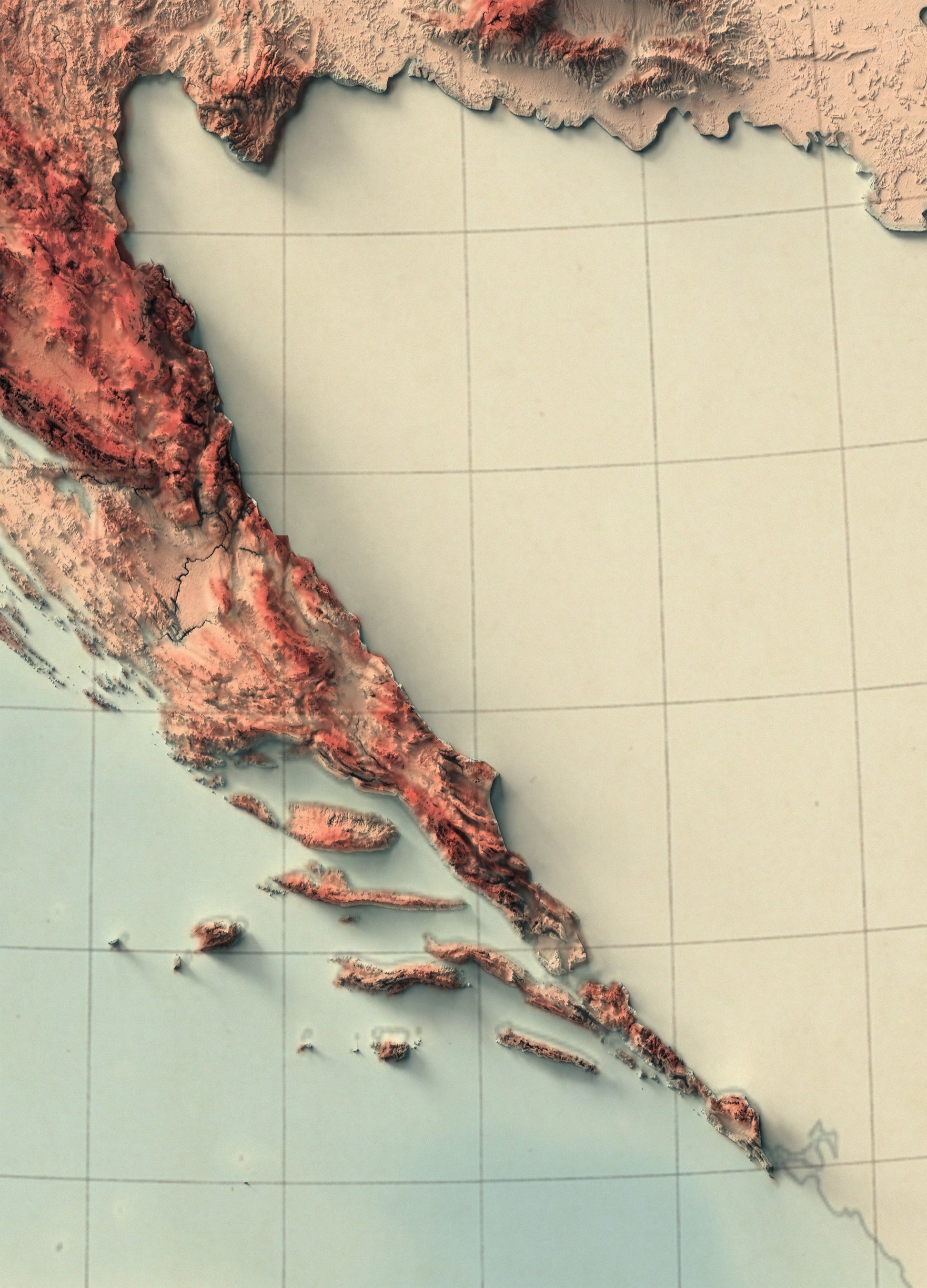 Detailed close-up of a vintage Croatia relief map, showcasing textured topography and geographic contours