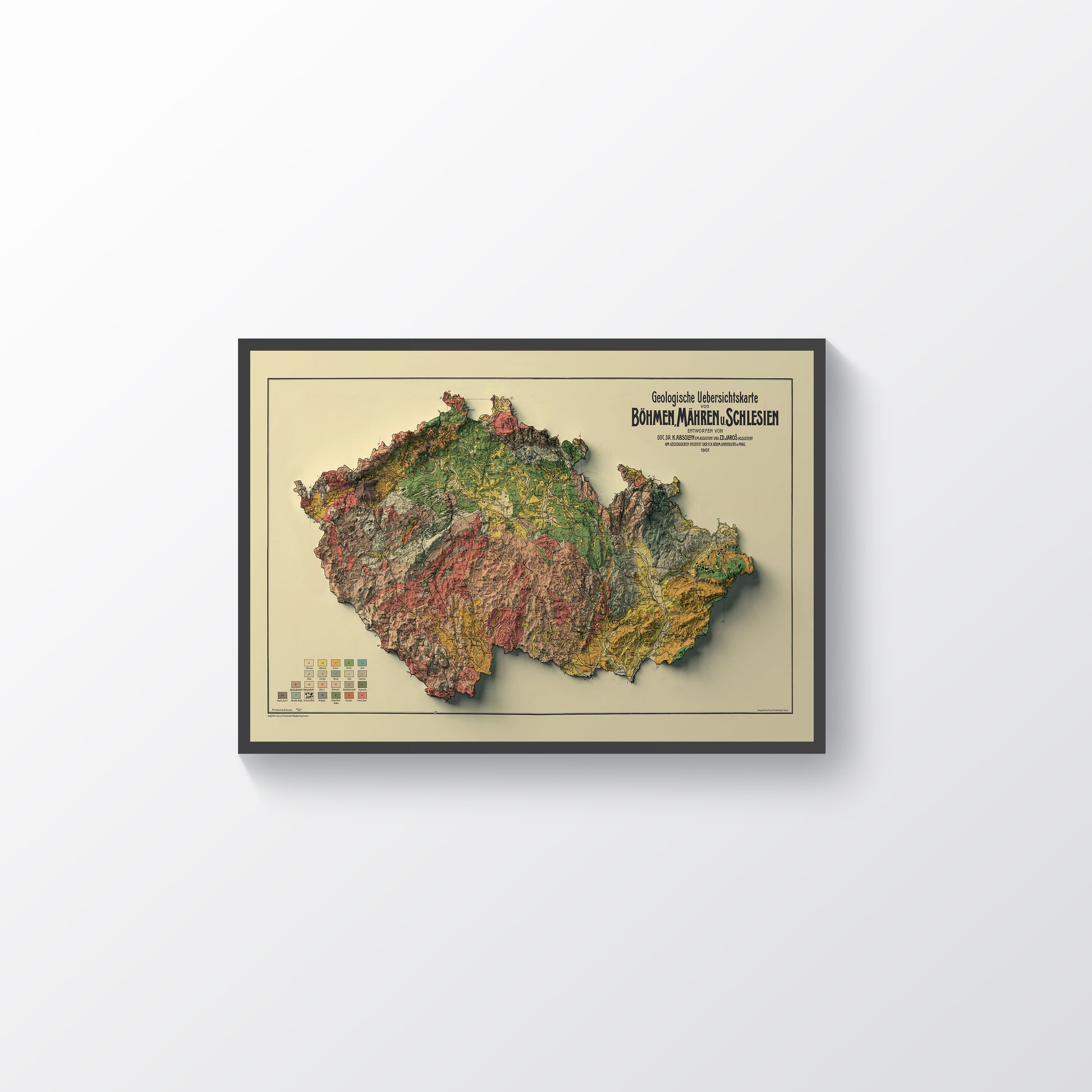 Czech Republic vintage framed shaded relief map in black frame. Artistic print highlighting mountains with a realistic terrain effect