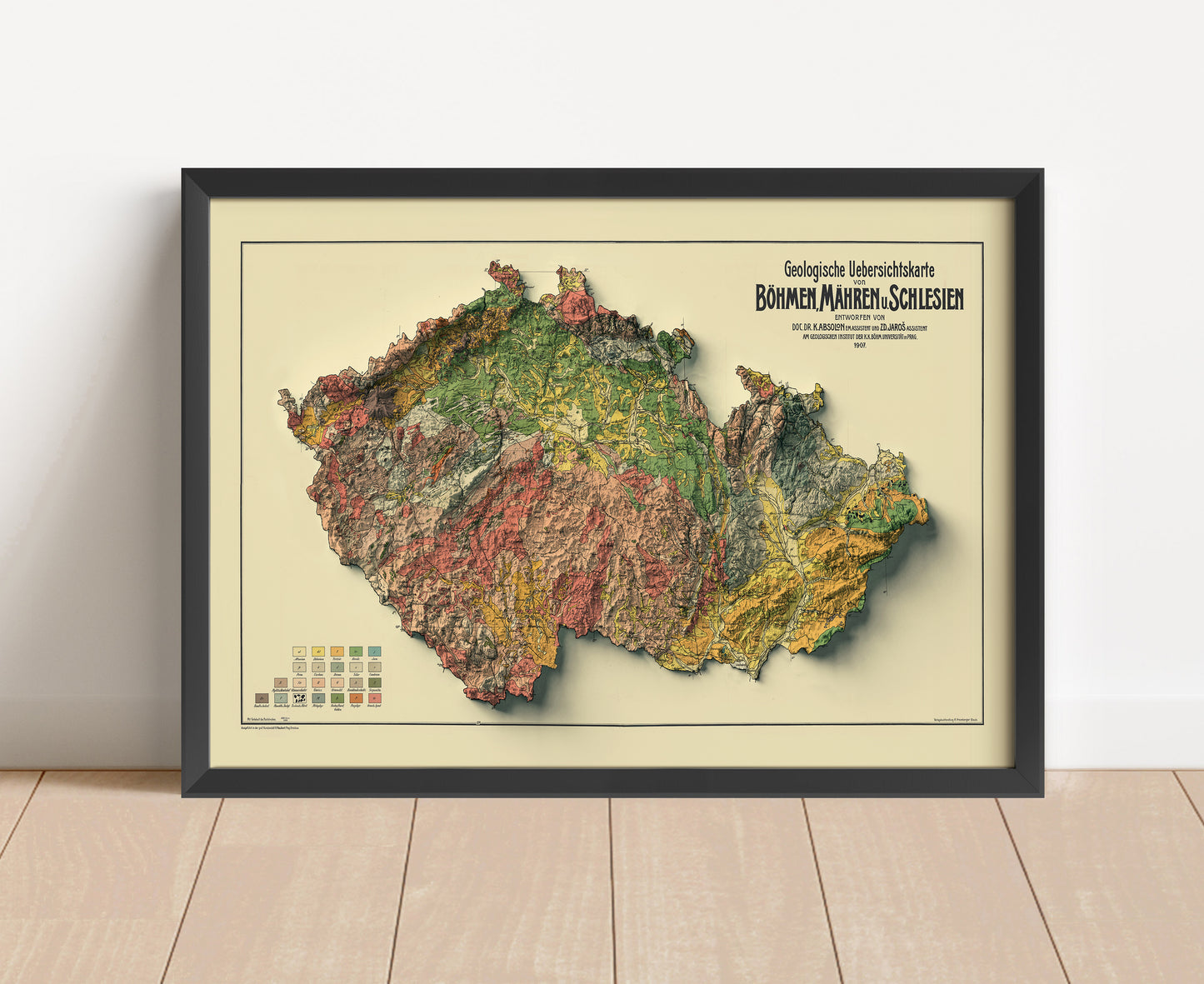 Vintage Czech shaded relief map in black frame. Artistic print with realistic terrain effect for wall decor