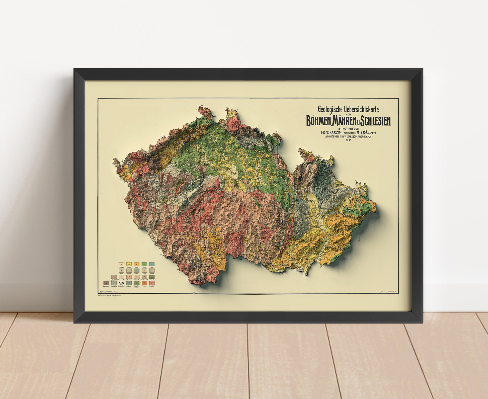 Vintage Czech shaded relief map in black frame. Artistic print with realistic terrain effect for wall decor