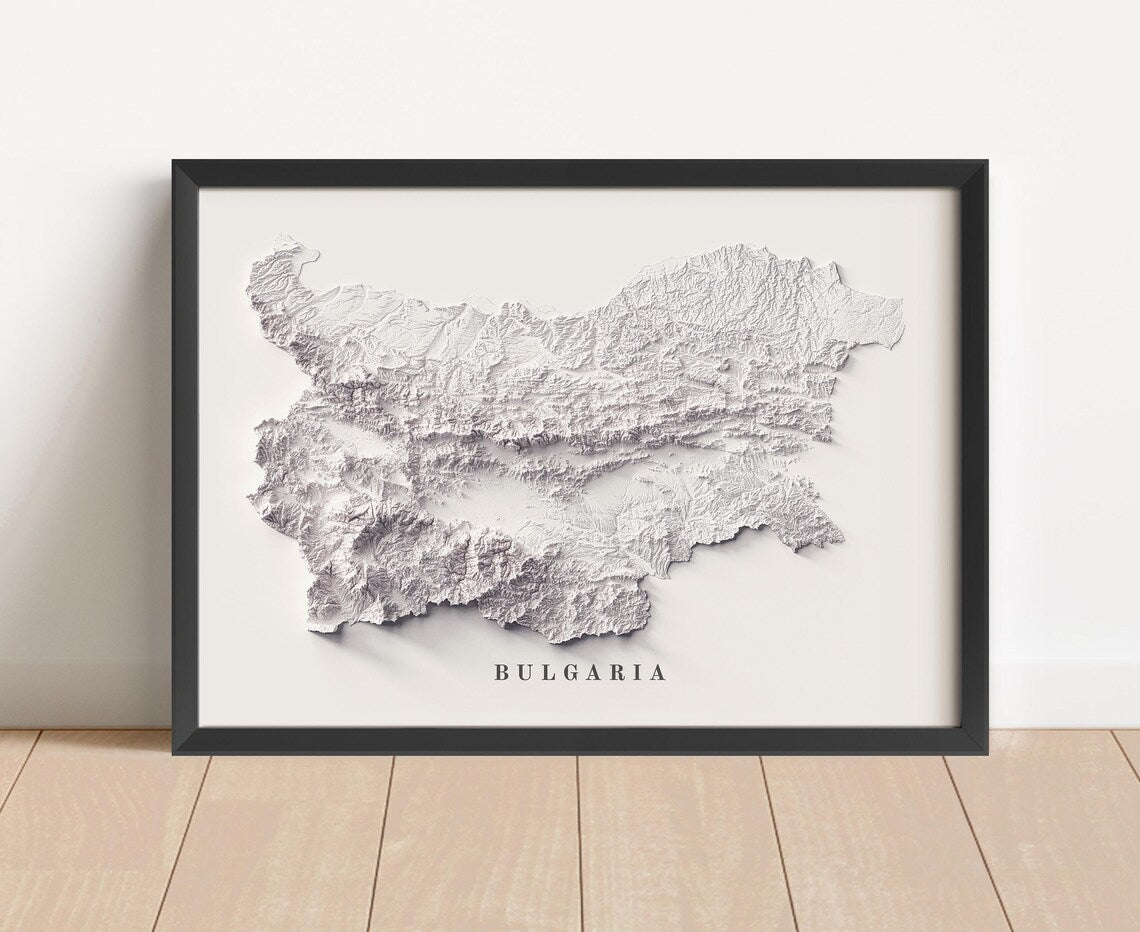 Bulgaria shaded relief map in black frame. Artistic print with realistic terrain effect for wall decor