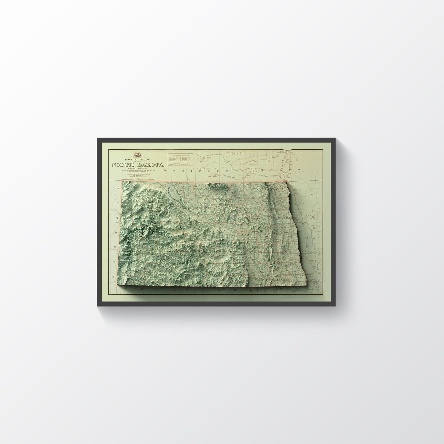North Dakota vintage framed shaded relief map in black frame. Artistic print highlighting mountains with a realistic terrain effect